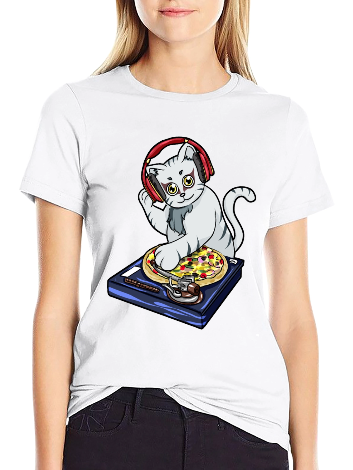 DJ Cat Pizza Turntable Graphic T-Shirt