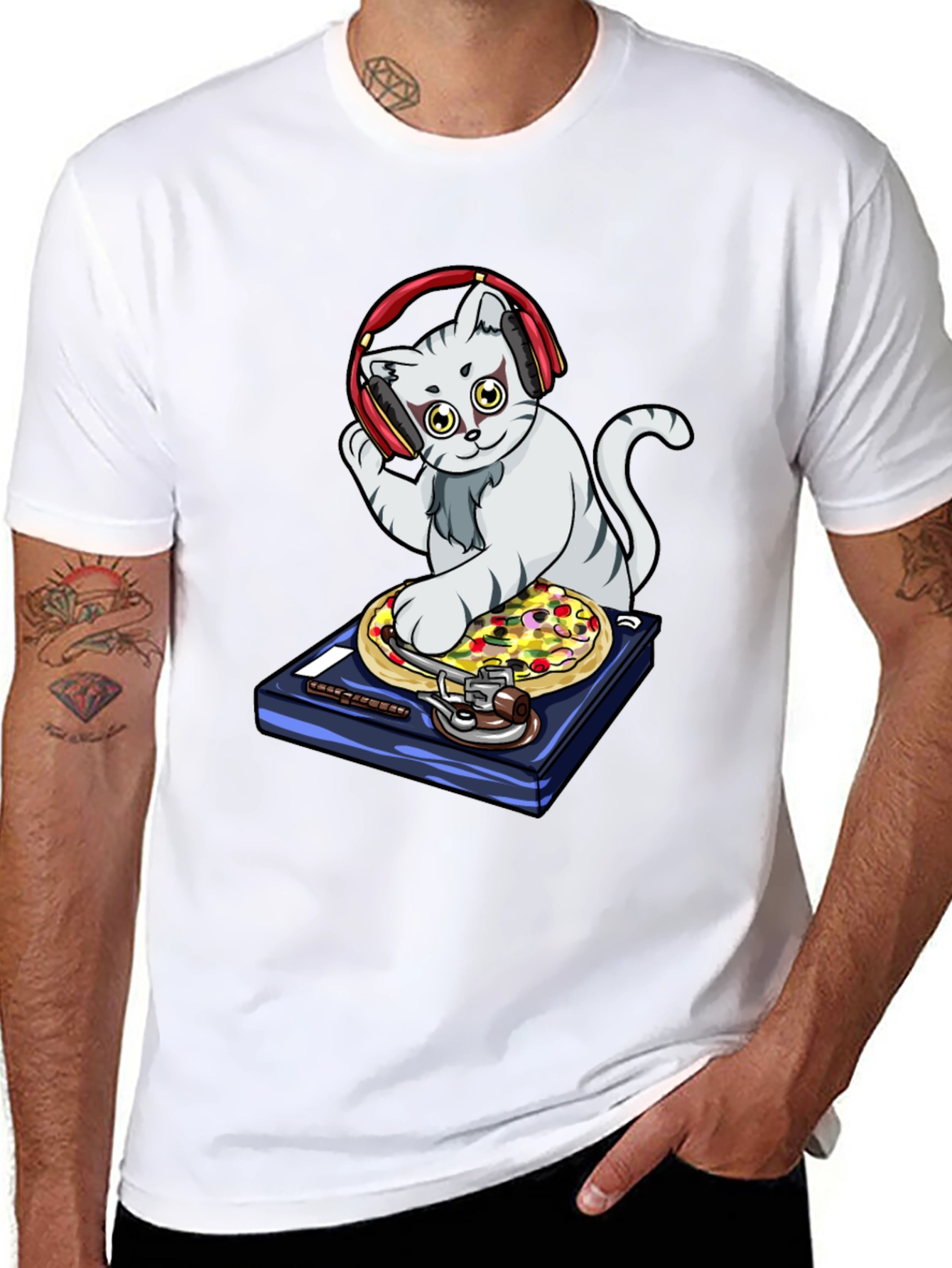 DJ Cat Pizza Turntable Graphic T-Shirt