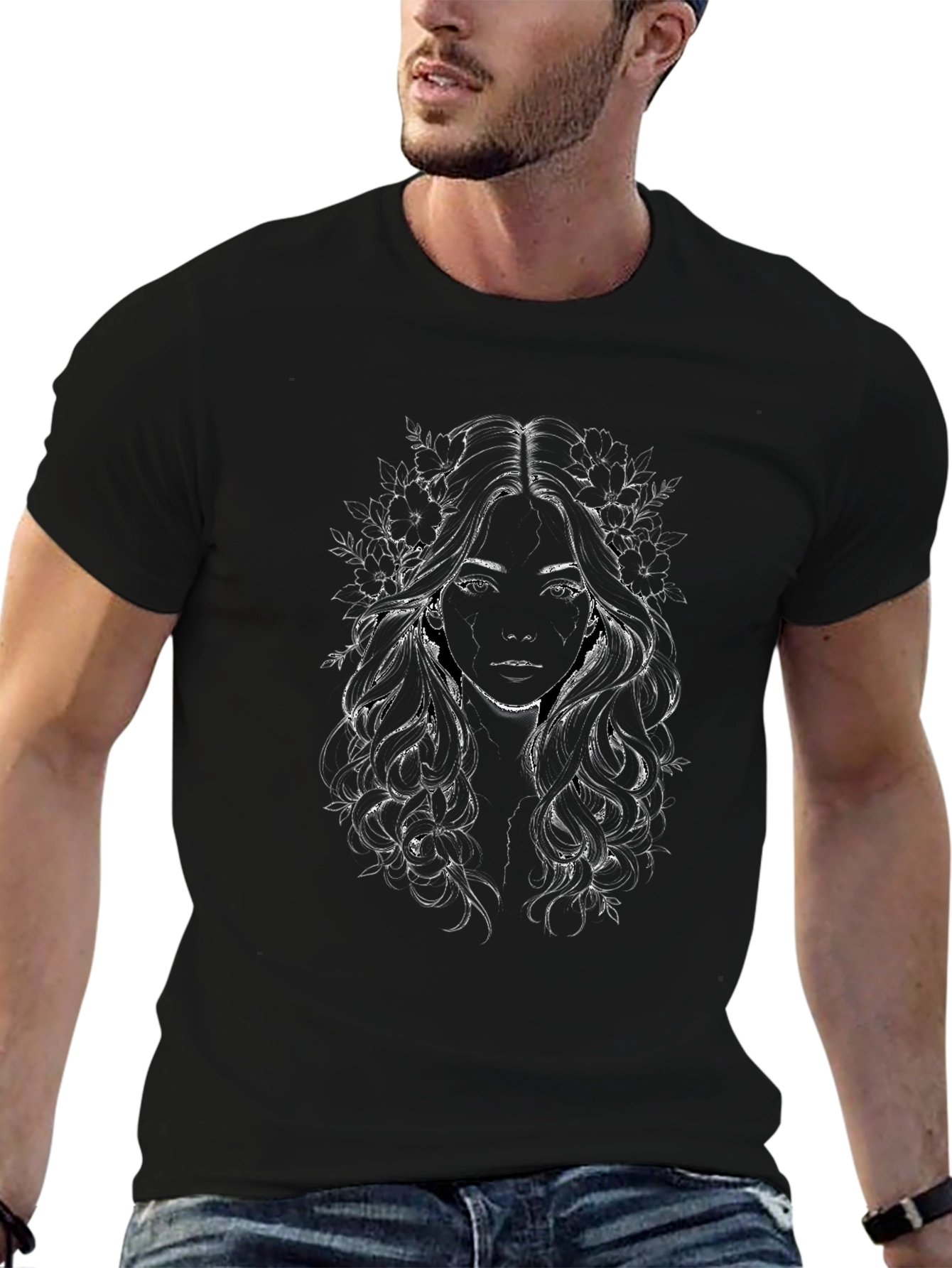Floral Woman Graphic Tee - Black Cotton Blend