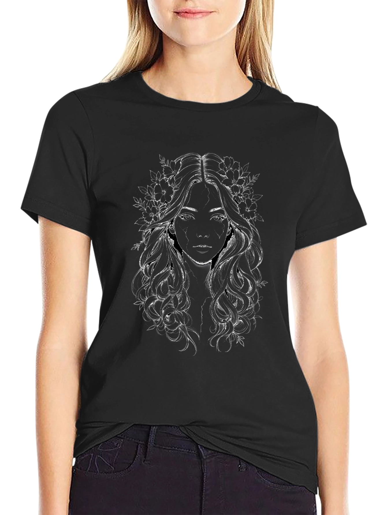 Floral Woman Graphic Tee - Black Cotton Blend