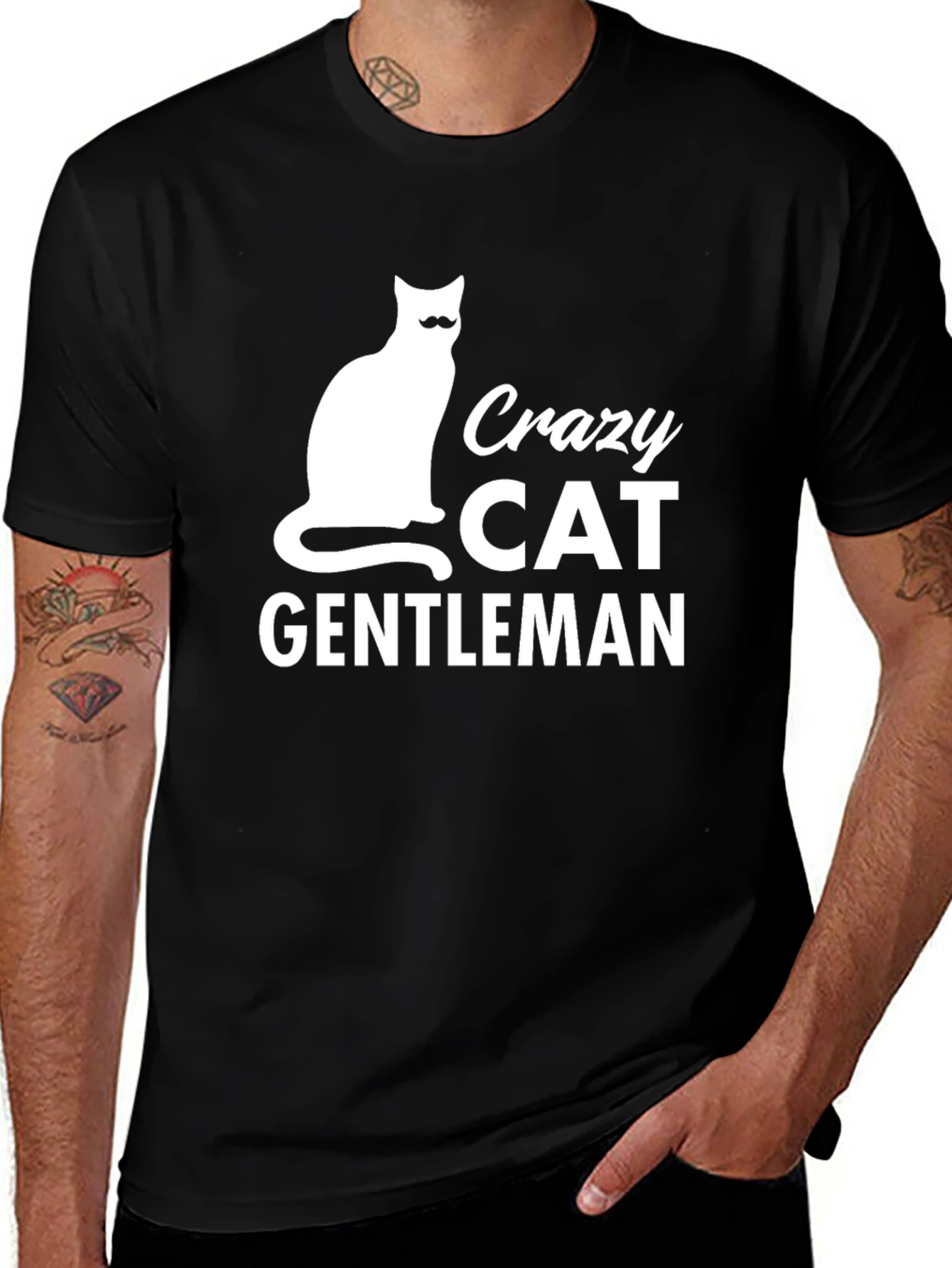 Crazy Cat Gentleman Graphic T-Shirt Black Mens