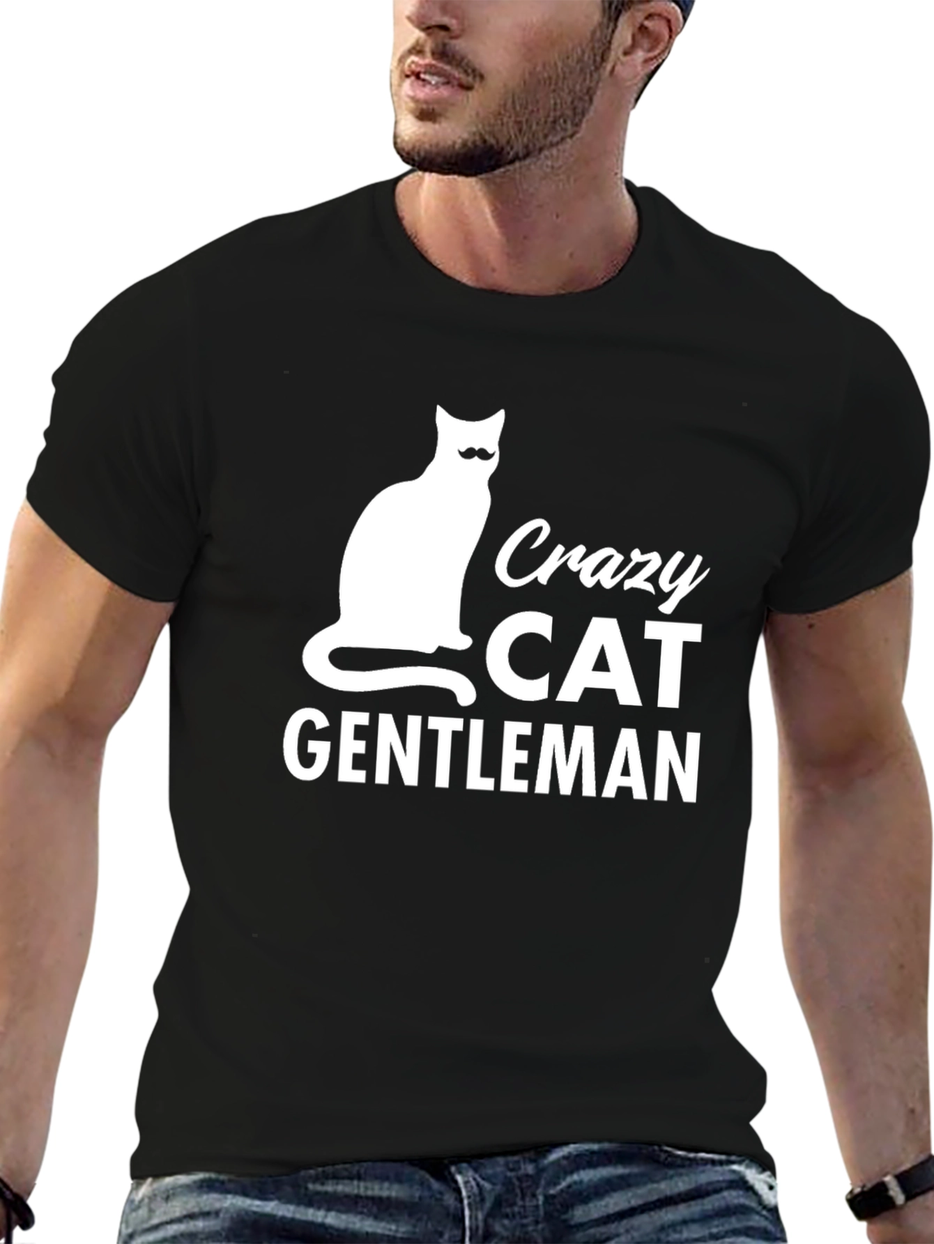 Crazy Cat Gentleman Graphic T-Shirt Black Mens