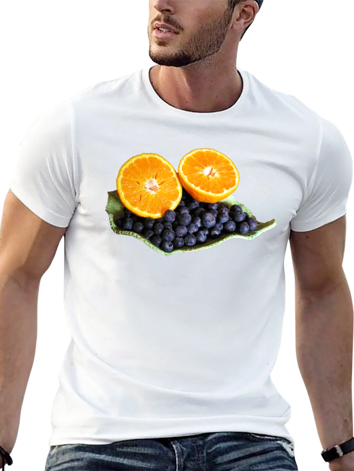 Fruitful Graphic Tee: Orange & Blueberry Design
