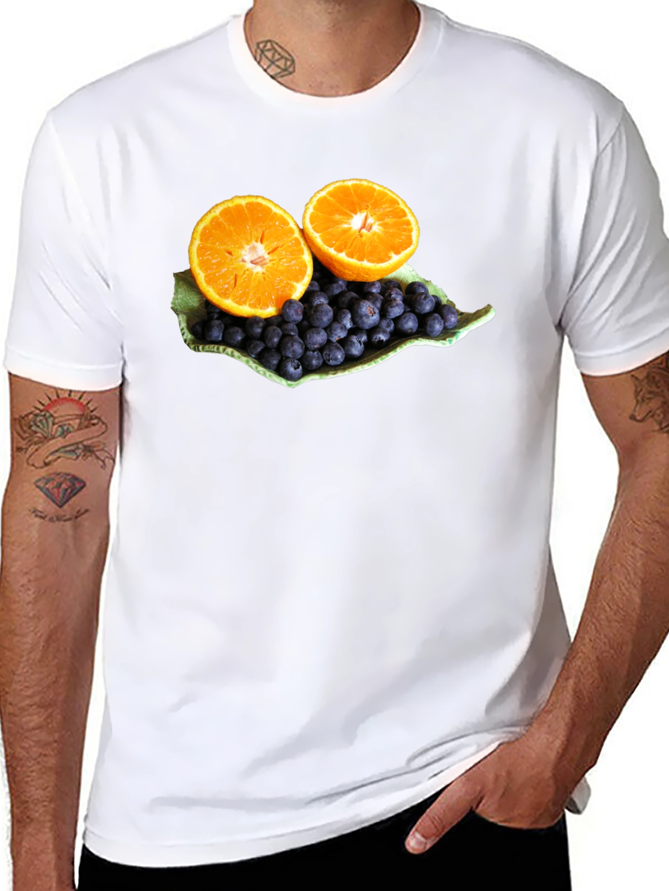 Fruitful Graphic Tee: Orange & Blueberry Design