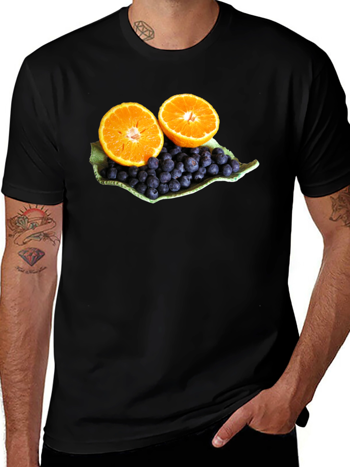 Fruitful Graphic Tee: Orange & Blueberry Design
