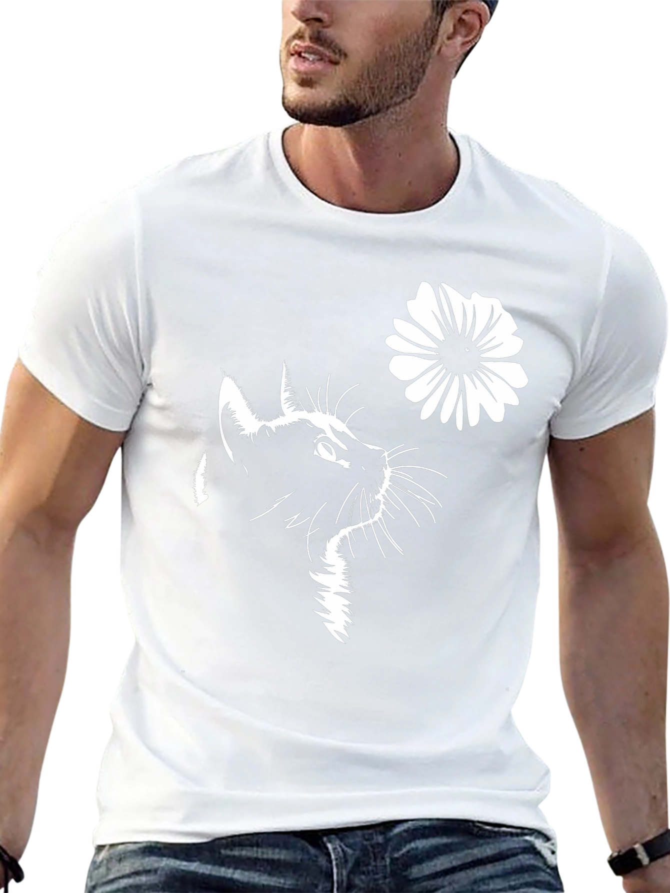 Cat & Flower Graphic T-Shirt - Stylish Black Tee