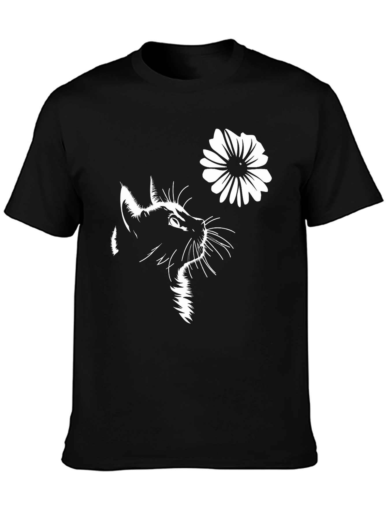 Cat & Flower Graphic T-Shirt - Stylish Black Tee