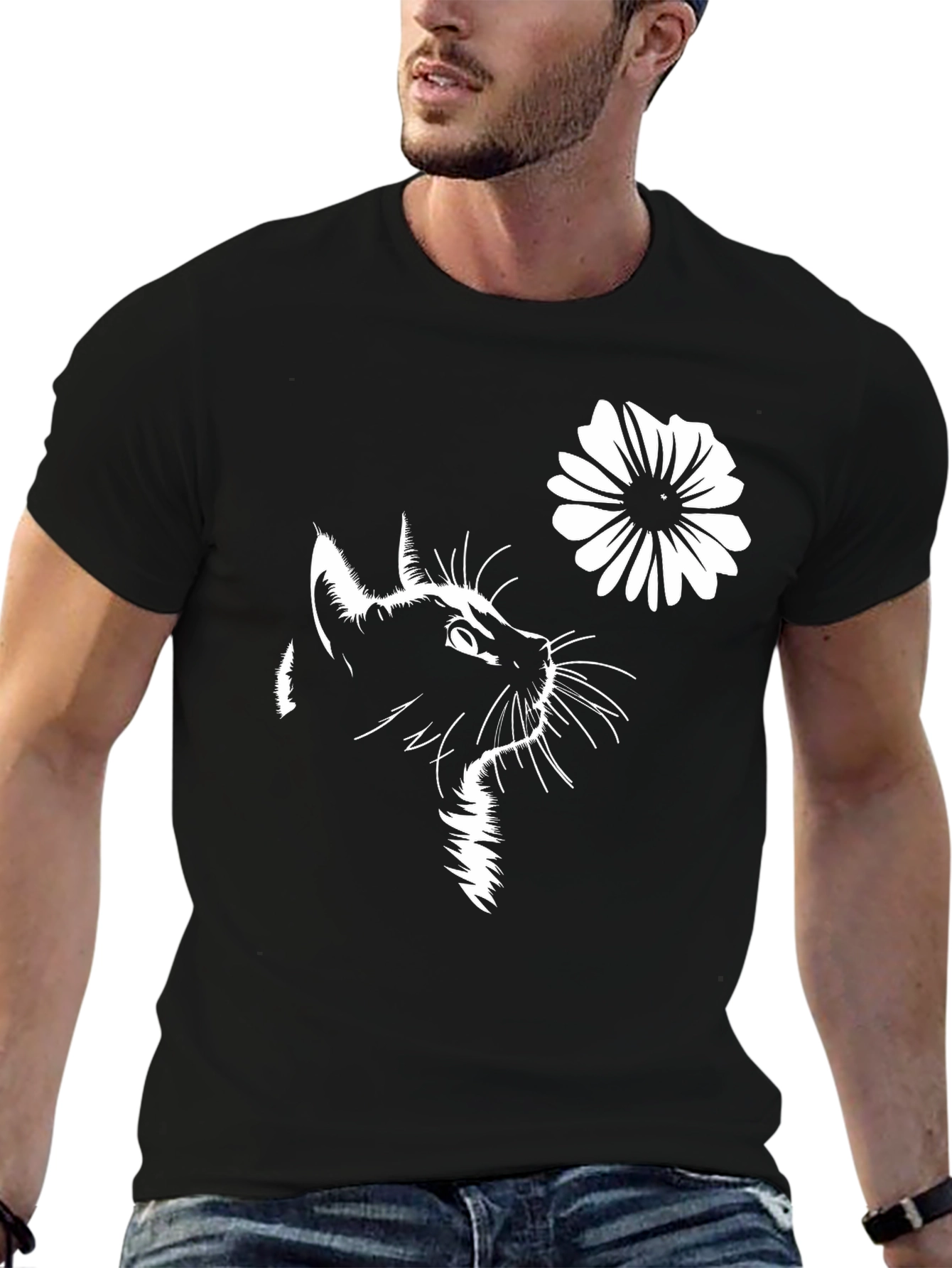 Cat & Flower Graphic T-Shirt - Stylish Black Tee