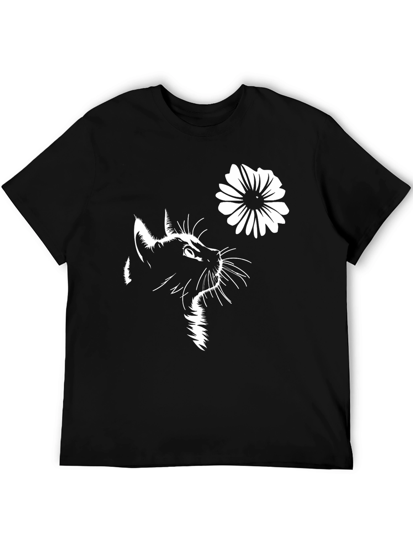 Cat & Flower Graphic T-Shirt - Stylish Black Tee