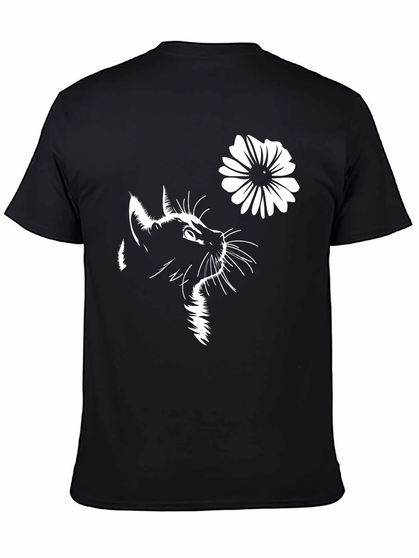 Cat & Flower Graphic T-Shirt - Stylish Black Tee