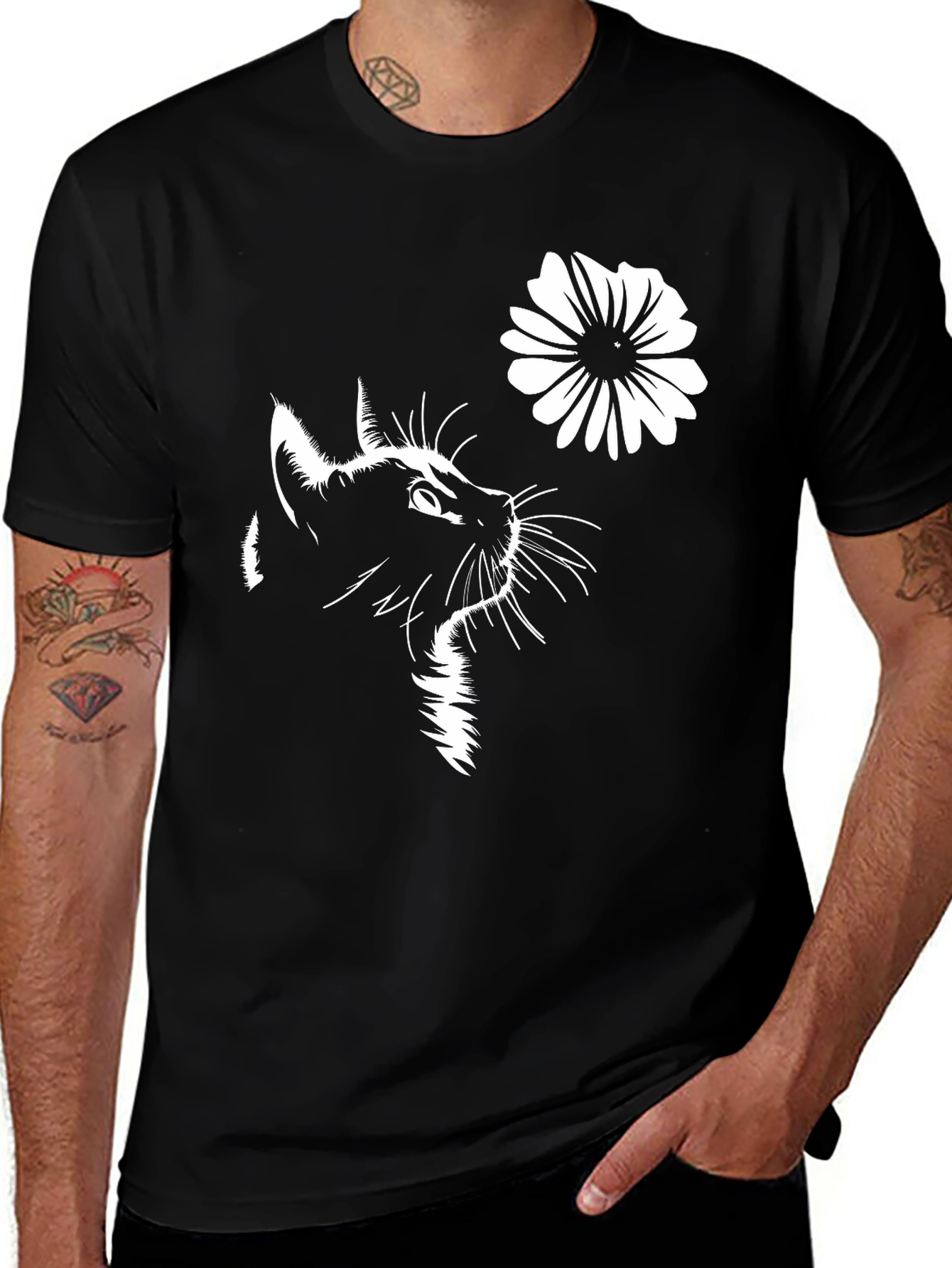 Cat & Flower Graphic T-Shirt - Stylish Black Tee