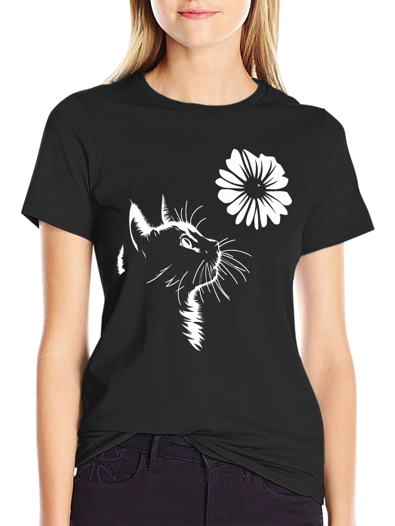 Cat & Flower Graphic T-Shirt - Stylish Black Tee