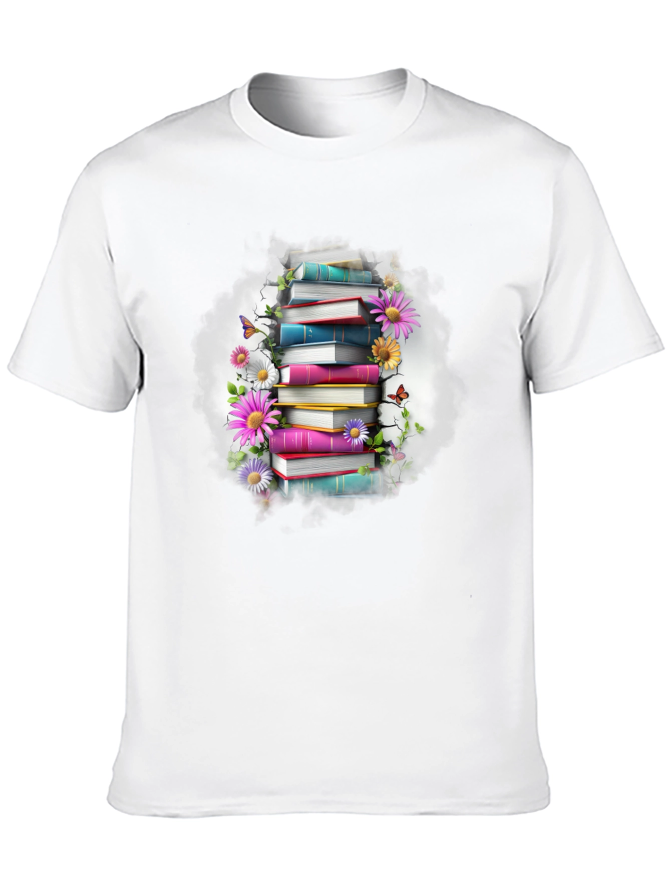 Book Stack & Floral T-Shirt - Unique Design
