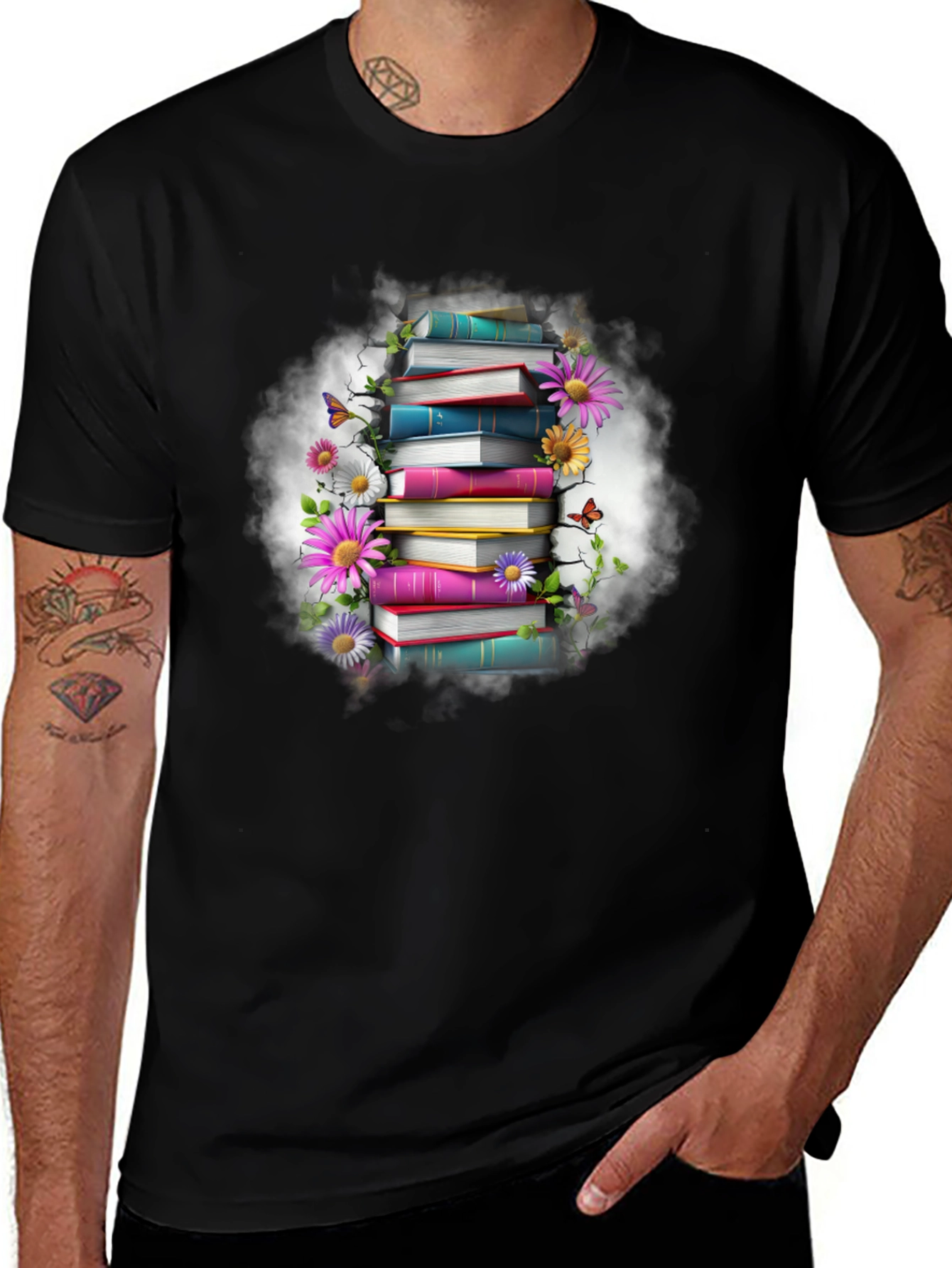 Book Stack & Floral T-Shirt - Unique Design