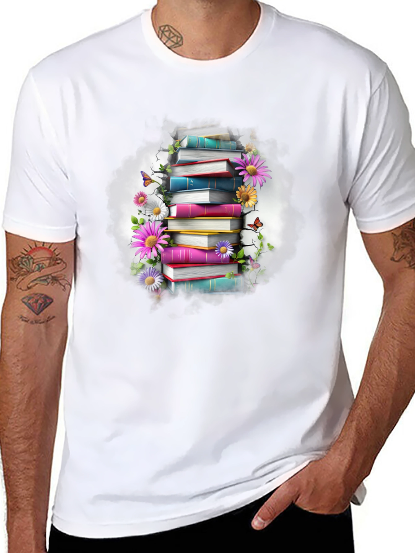 Book Stack & Floral T-Shirt - Unique Design