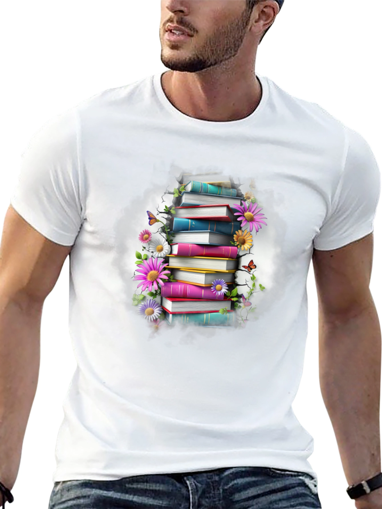 Book Stack & Floral T-Shirt - Unique Design