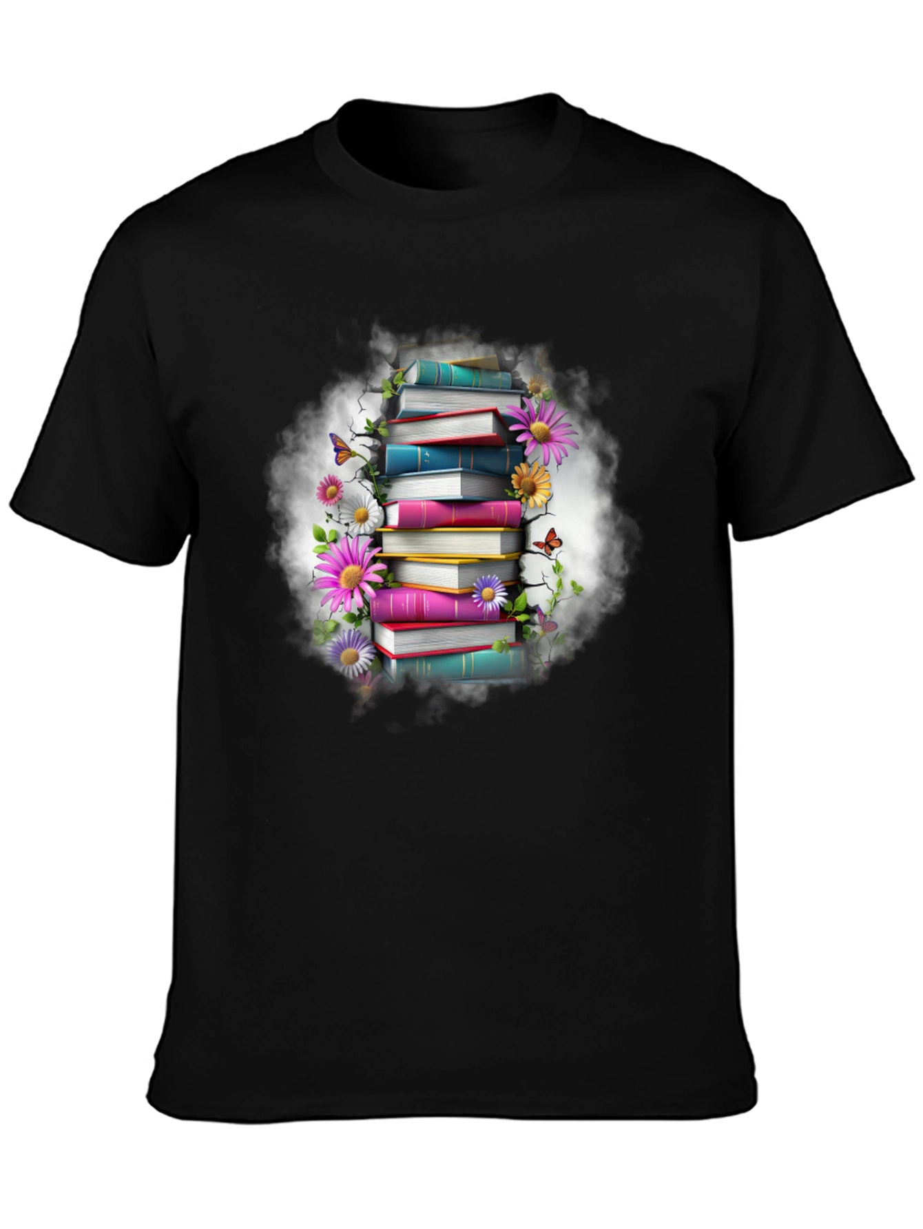 Book Stack & Floral T-Shirt - Unique Design