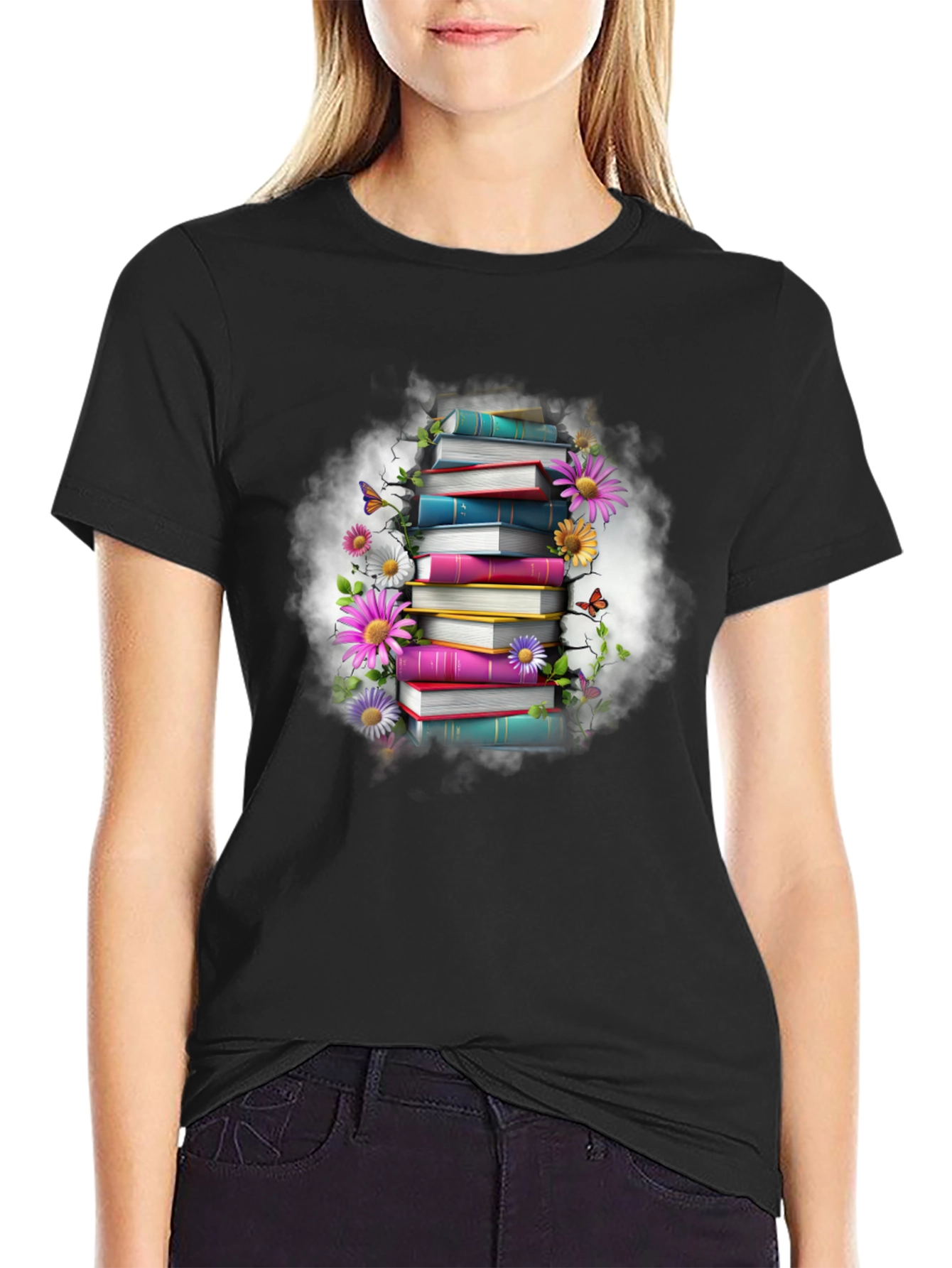 Book Stack & Floral T-Shirt - Unique Design