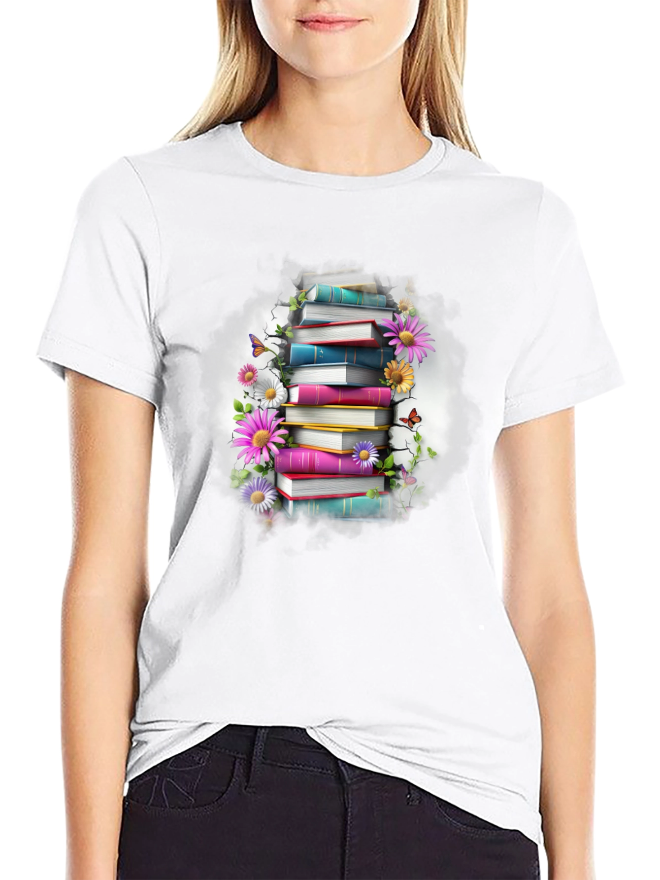 Book Stack & Floral T-Shirt - Unique Design