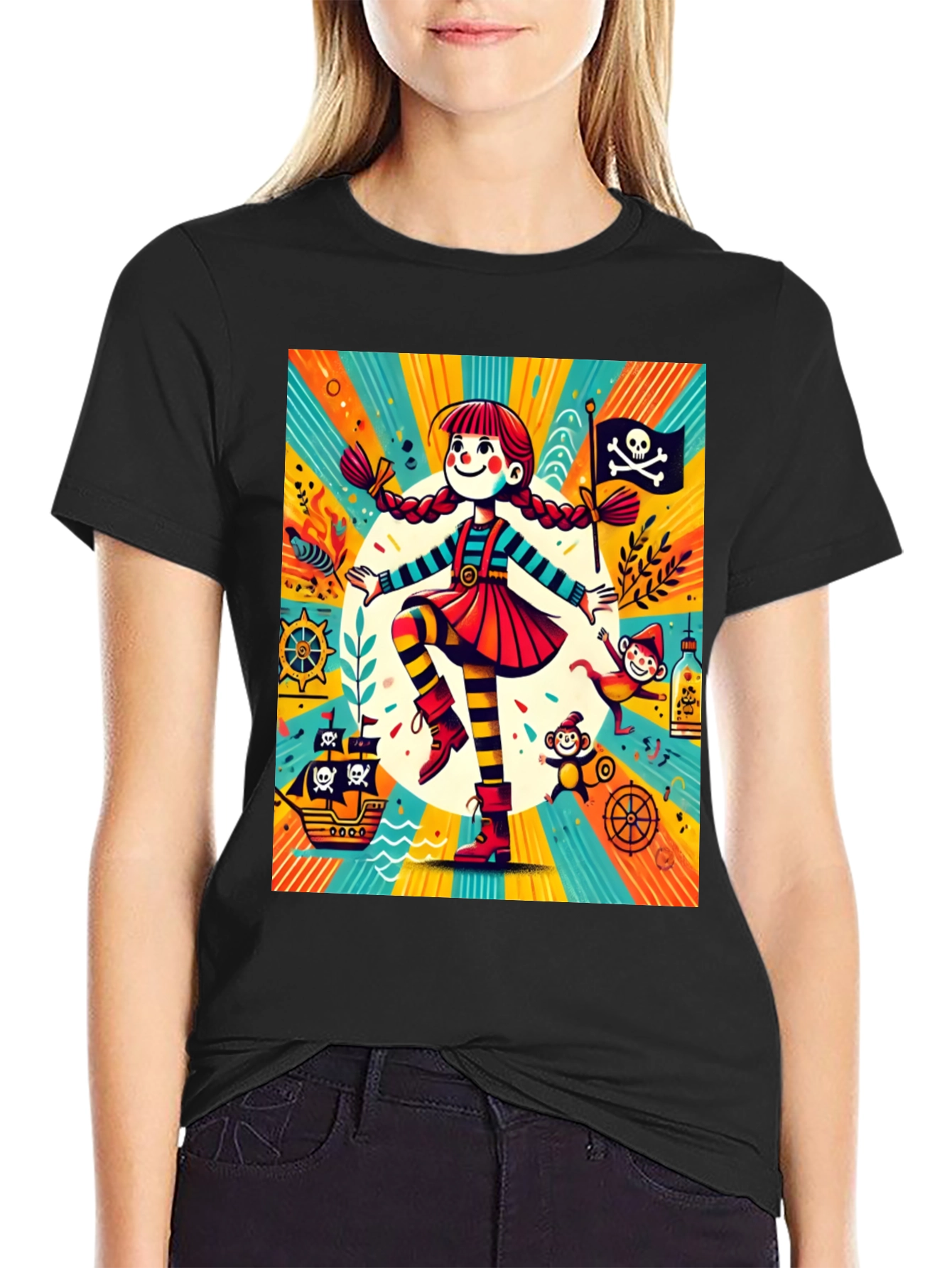 Pirate Girl Graphic Tee - Fun Cartoon Design