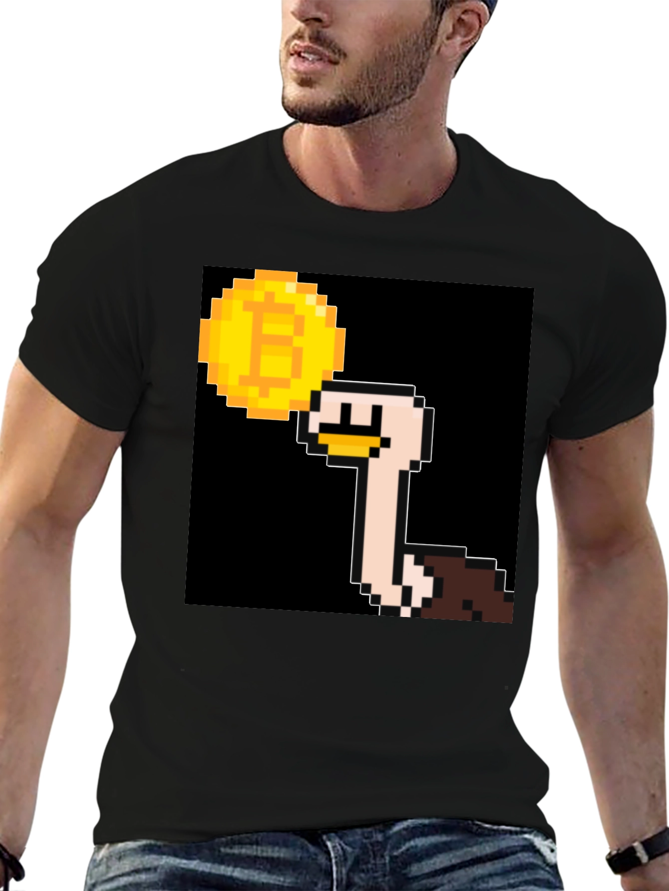Ostrich Bitcoin Pixel Art Black T-Shirt