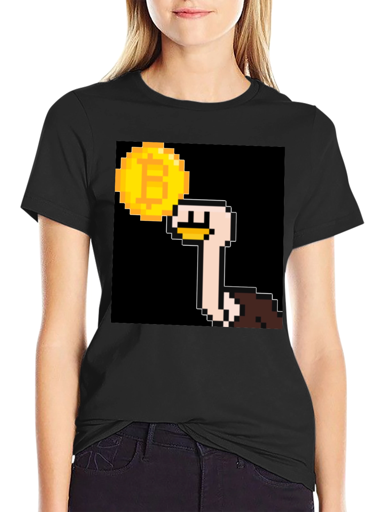 Ostrich Bitcoin Pixel Art Black T-Shirt