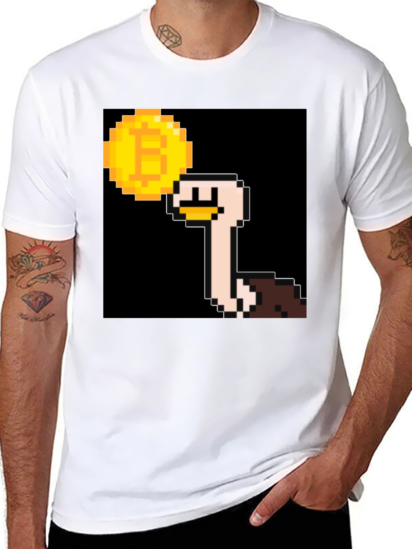 Ostrich Bitcoin Pixel Art Black T-Shirt