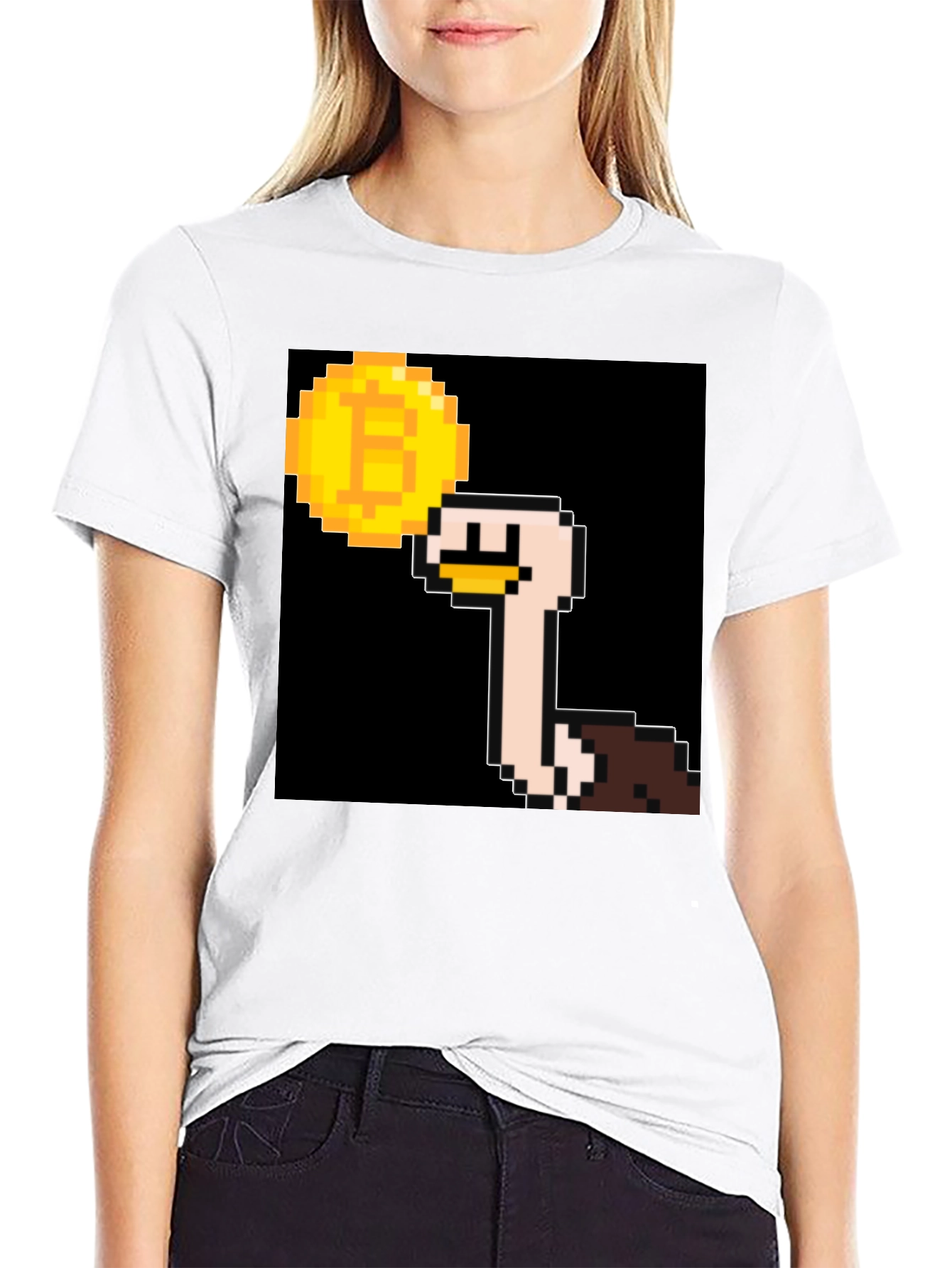 Ostrich Bitcoin Pixel Art Black T-Shirt