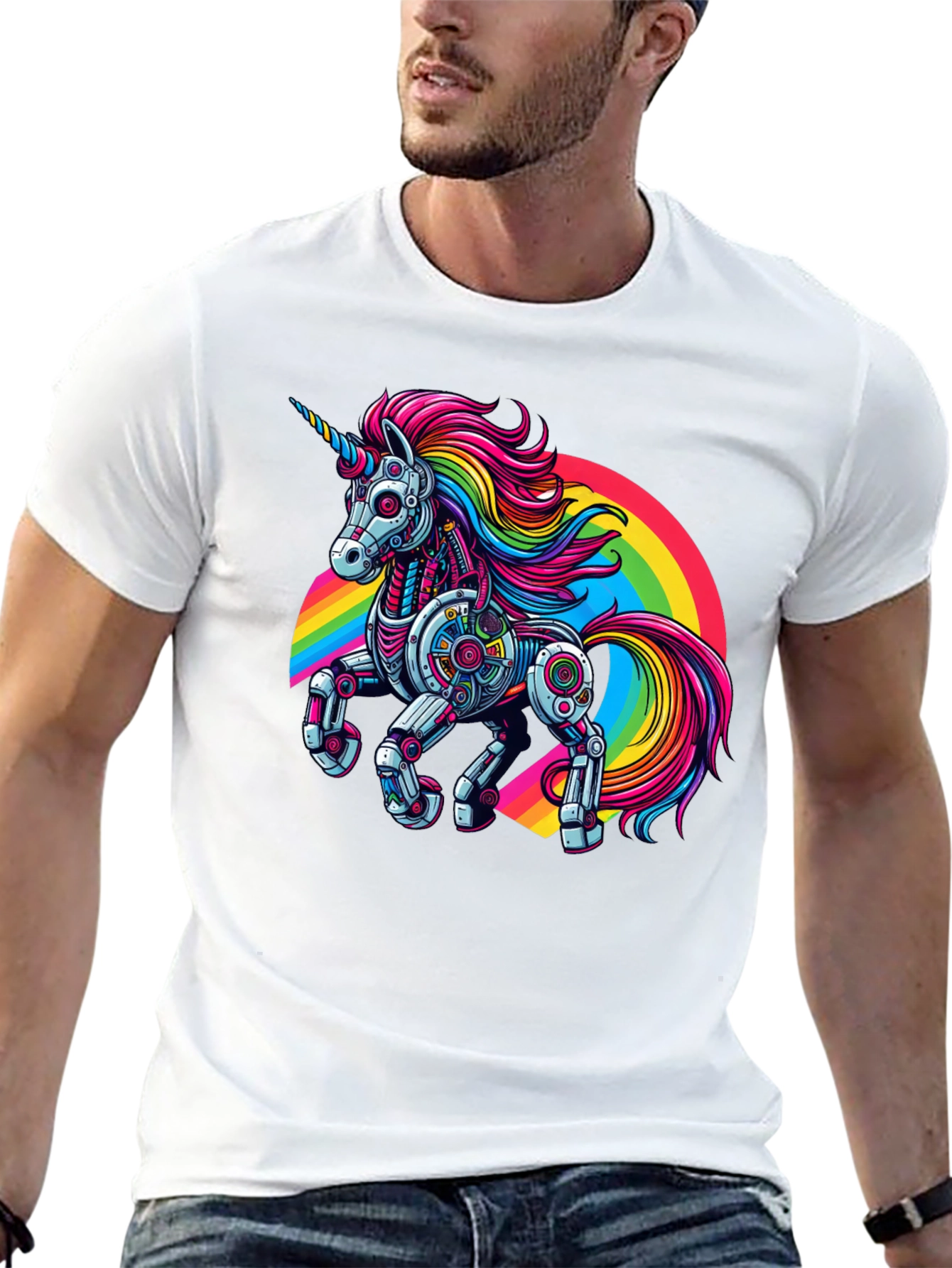 Robot Unicorn Rainbow Graphic T-Shirt