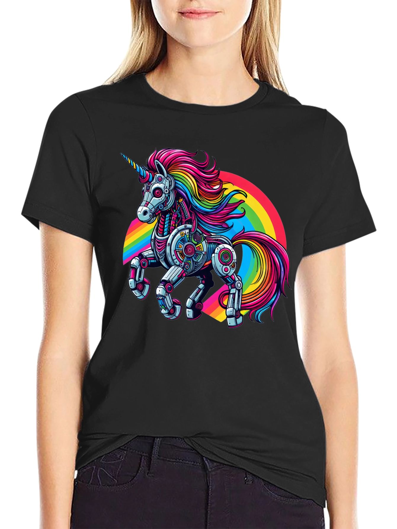 Robot Unicorn Rainbow Graphic T-Shirt