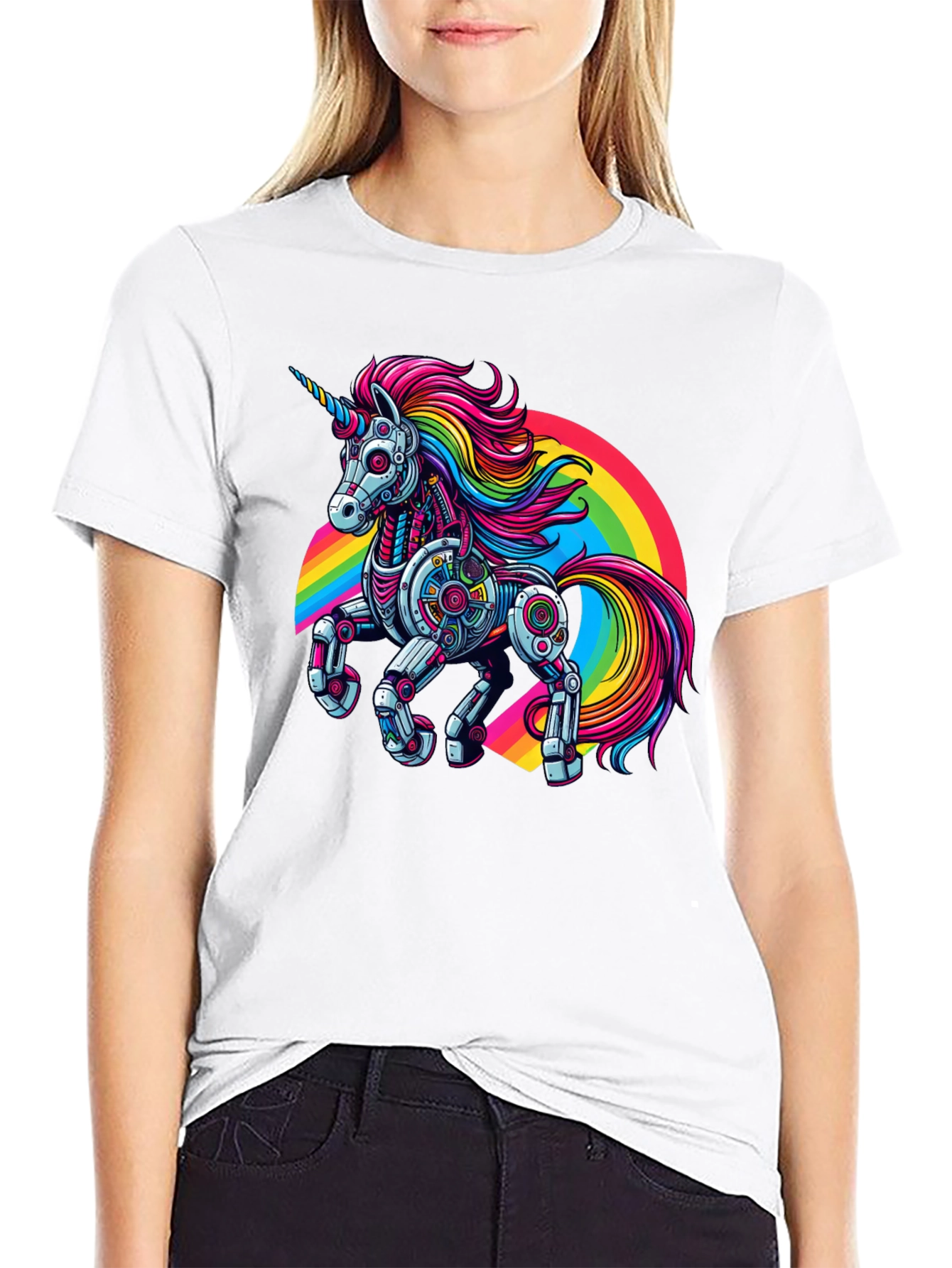 Robot Unicorn Rainbow Graphic T-Shirt