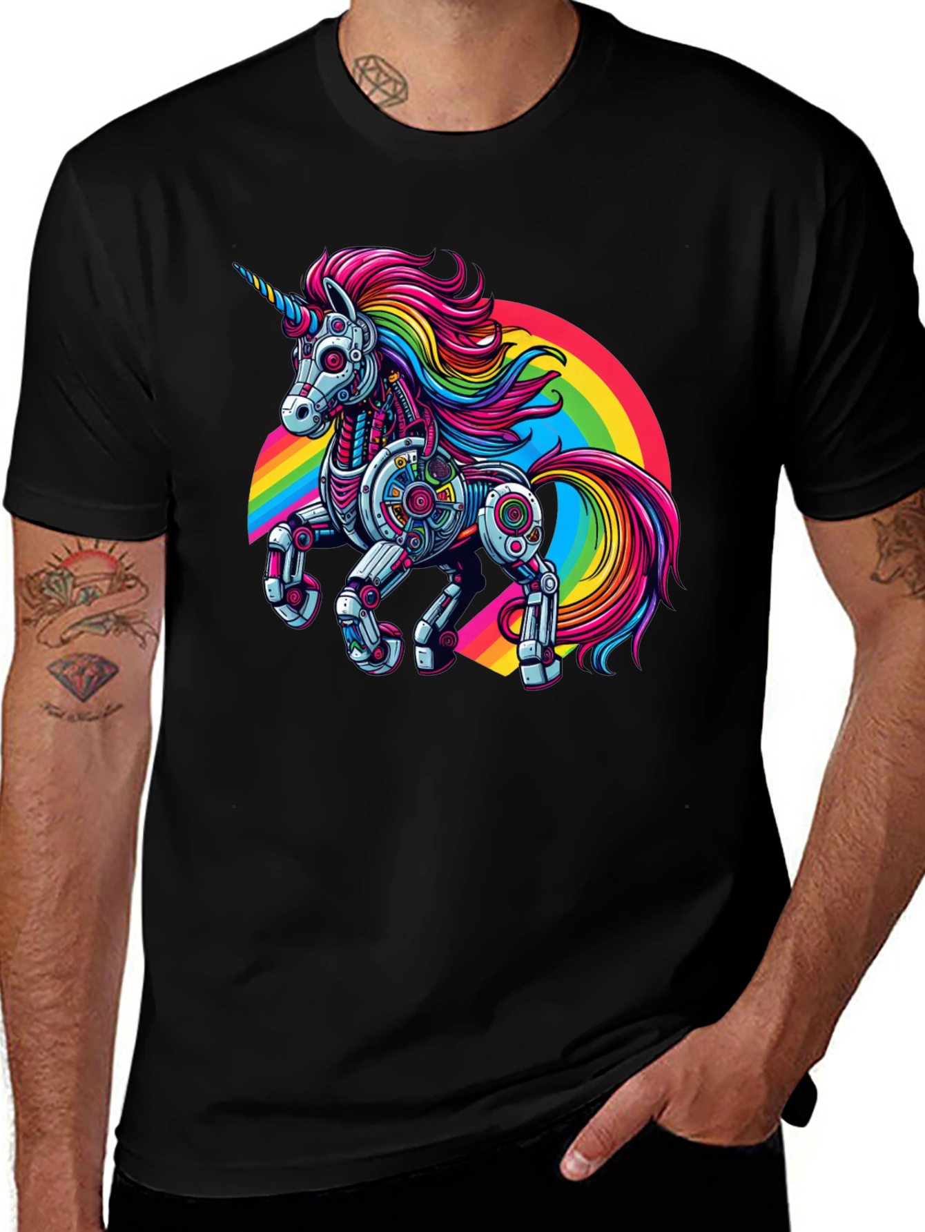 Robot Unicorn Rainbow Graphic T-Shirt
