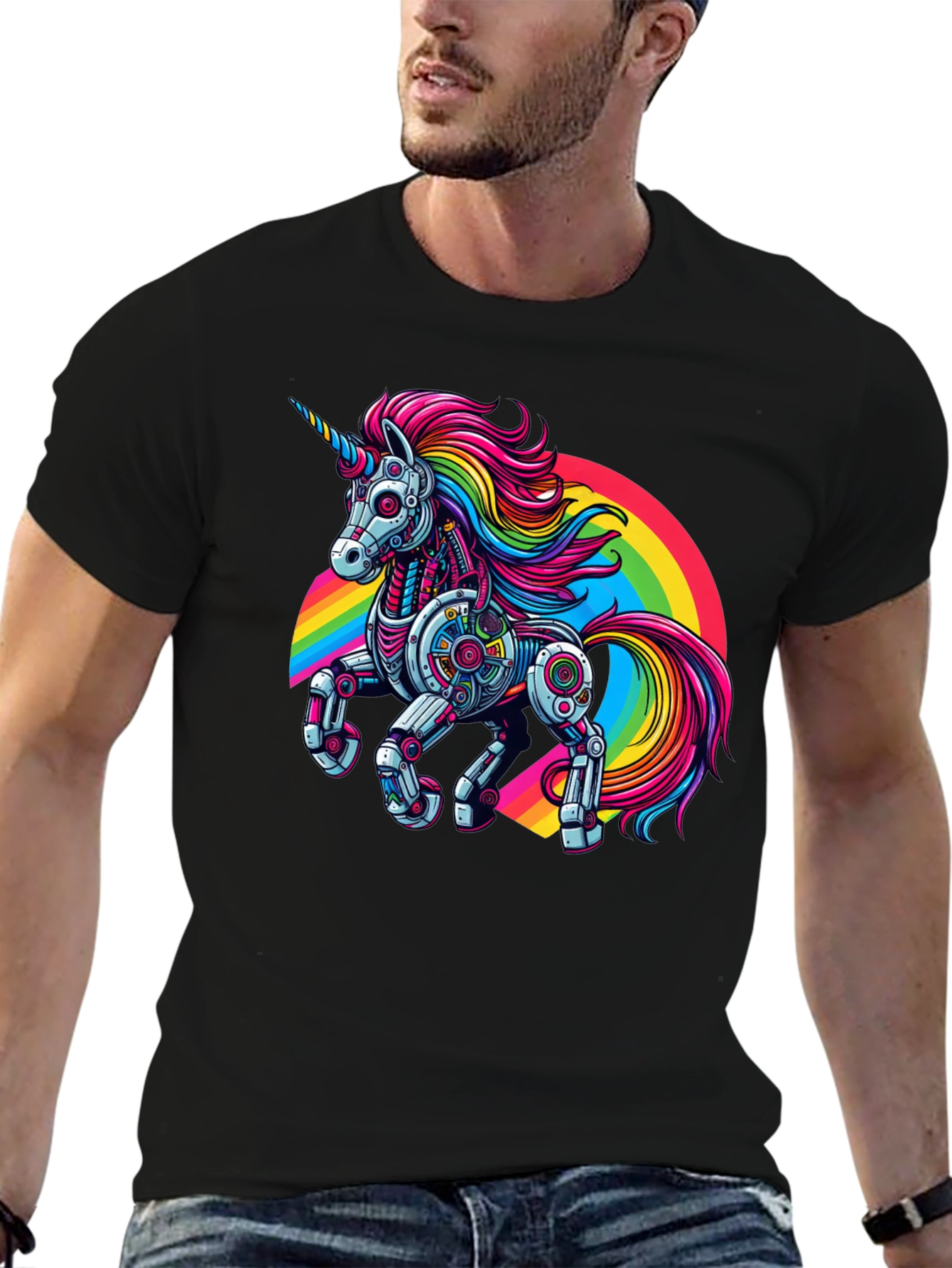 Robot Unicorn Rainbow Graphic T-Shirt