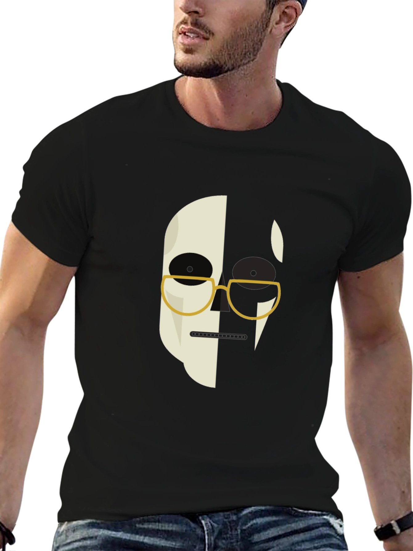 Abstract Face Graphic Print Mens Black T-Shirt