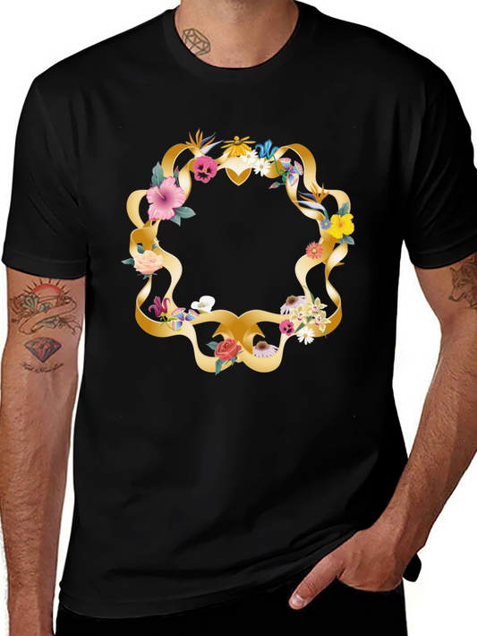 Floral Wreath Graphic Tee - Casual Black T-Shirt