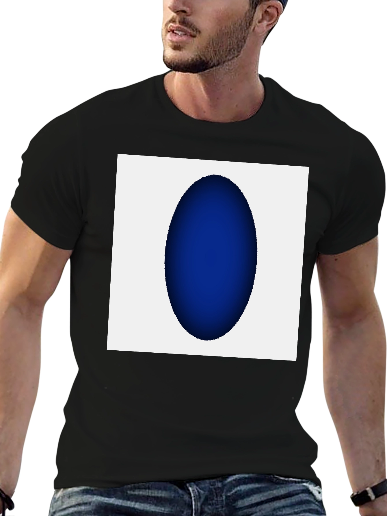 Modern Black T-Shirt with Abstract Blue Oval Design