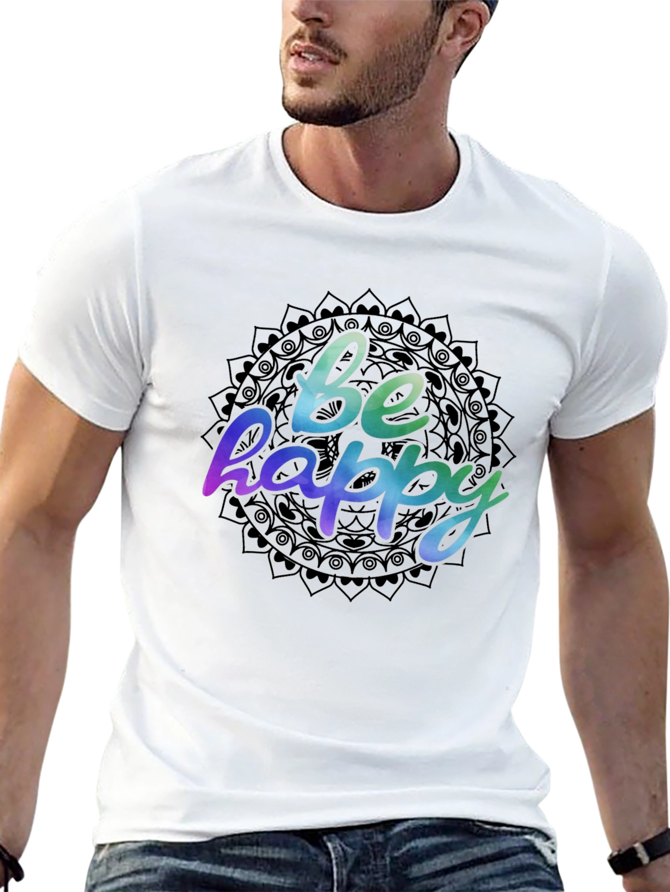 Be Happy Mandala Graphic Black T-Shirt