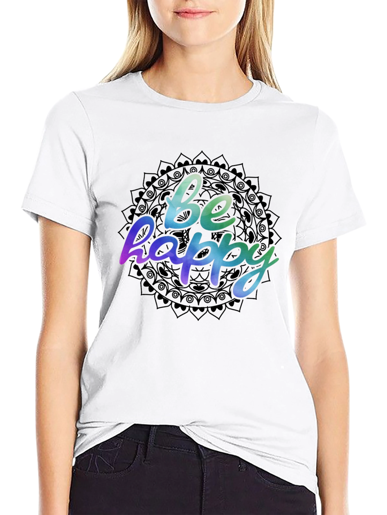 Be Happy Mandala Graphic Black T-Shirt