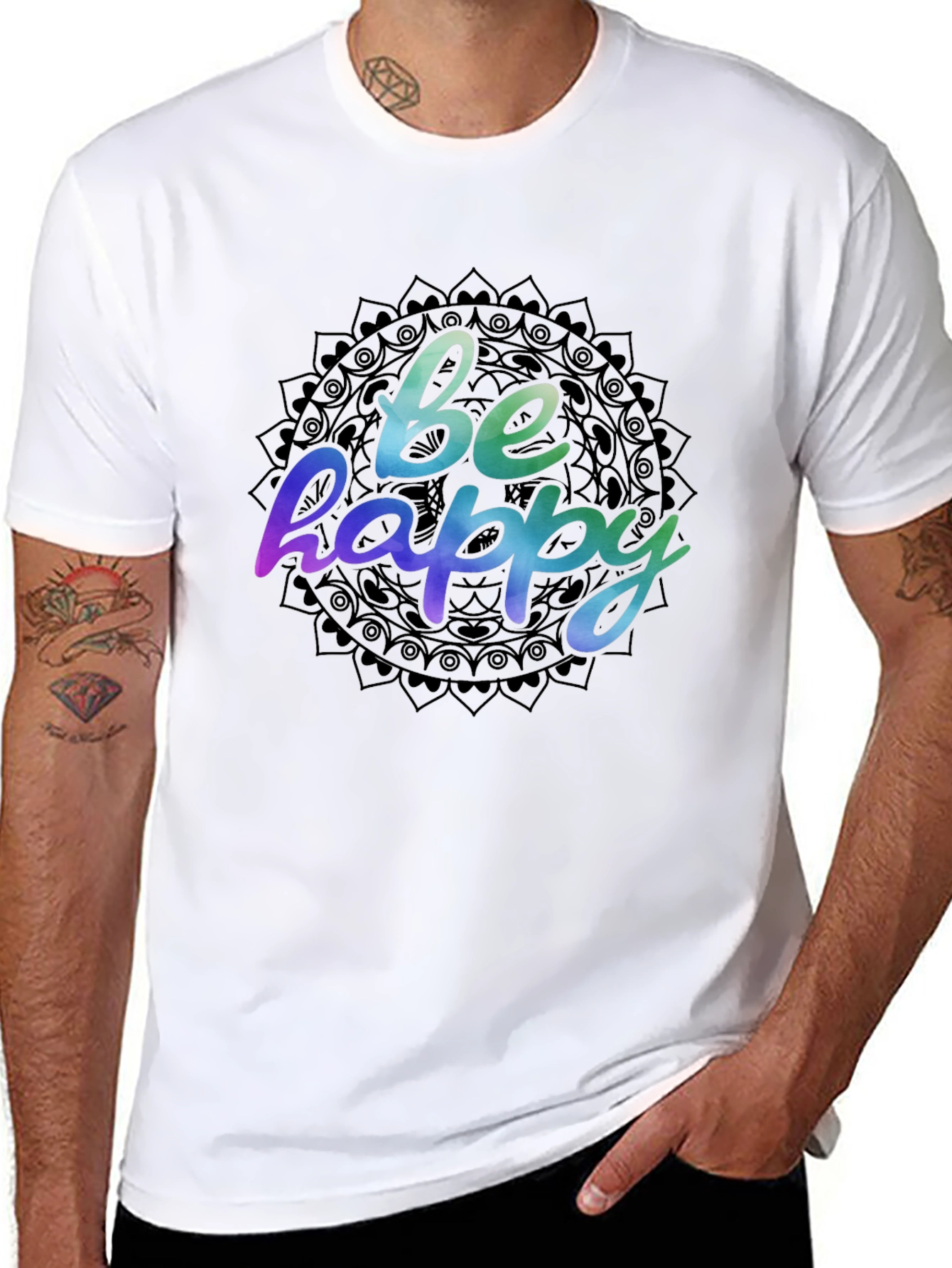 Be Happy Mandala Graphic Black T-Shirt