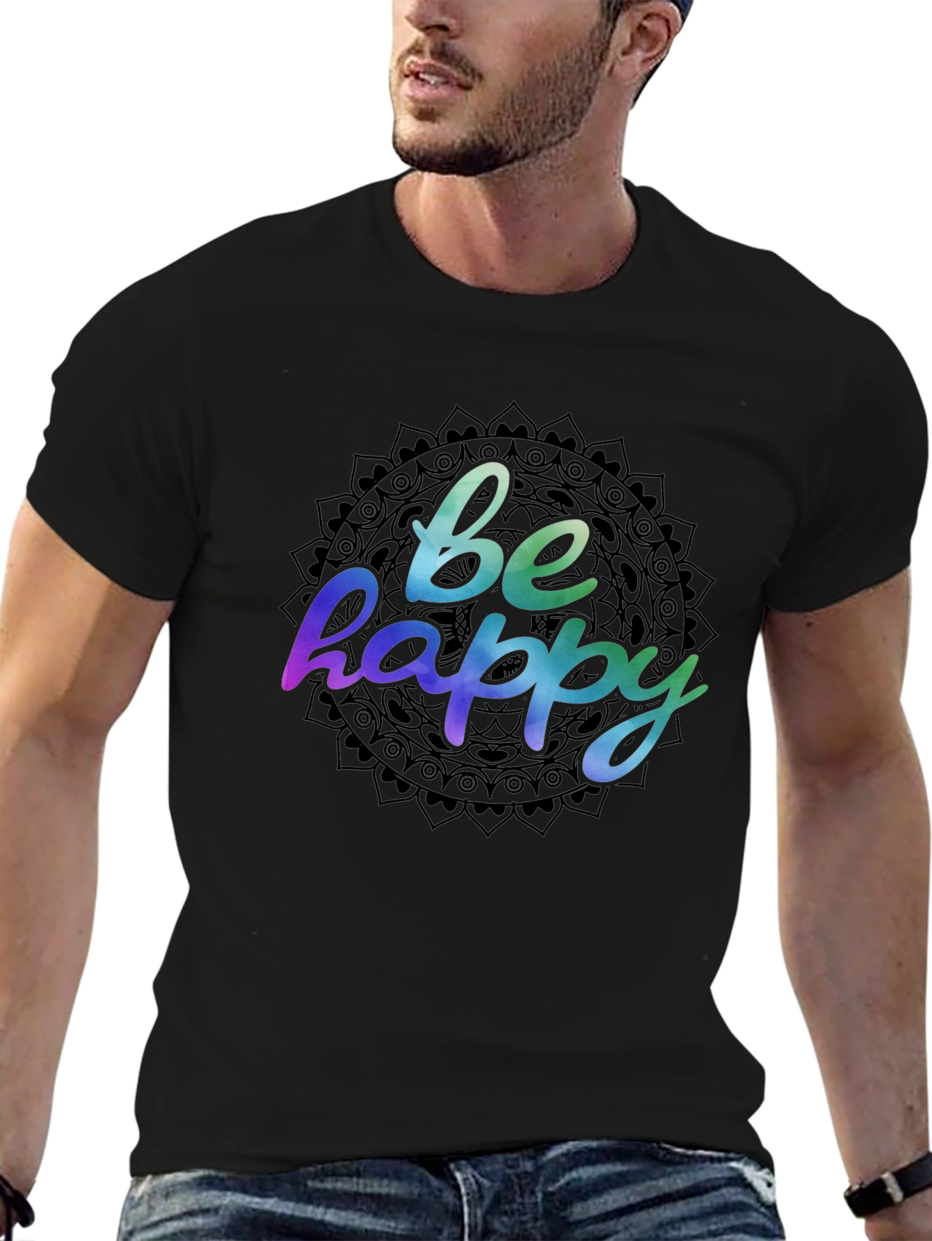 Be Happy Mandala Graphic Black T-Shirt