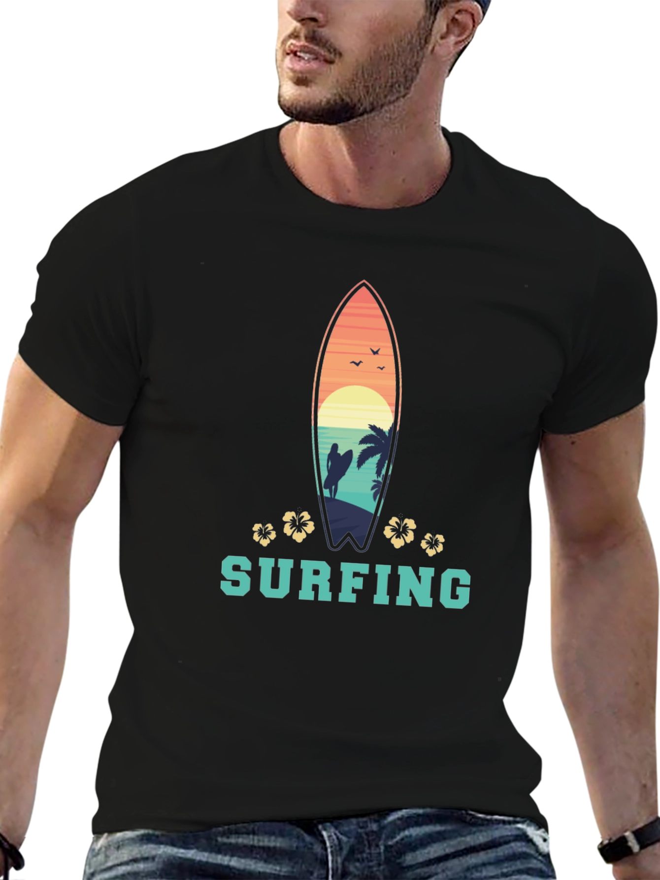 Surfing T-Shirt: Tropical Surfboard Design