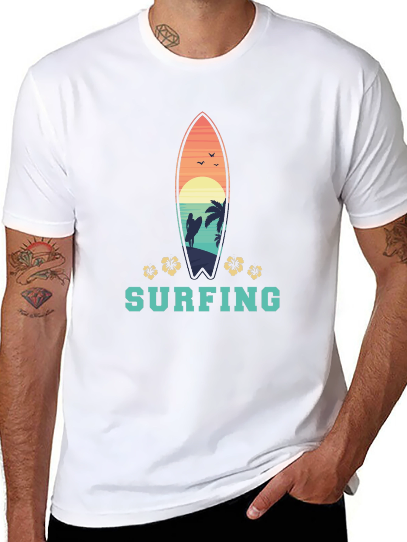 Surfing T-Shirt: Tropical Surfboard Design