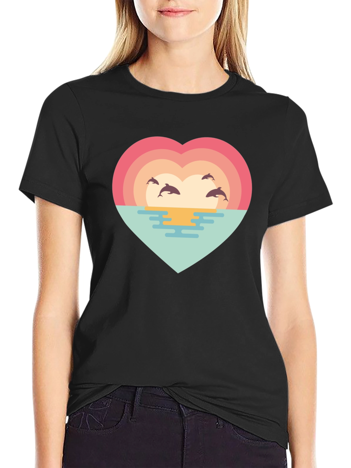 Dolphin Sunset Heart T-Shirt - Ocean Lover Tee