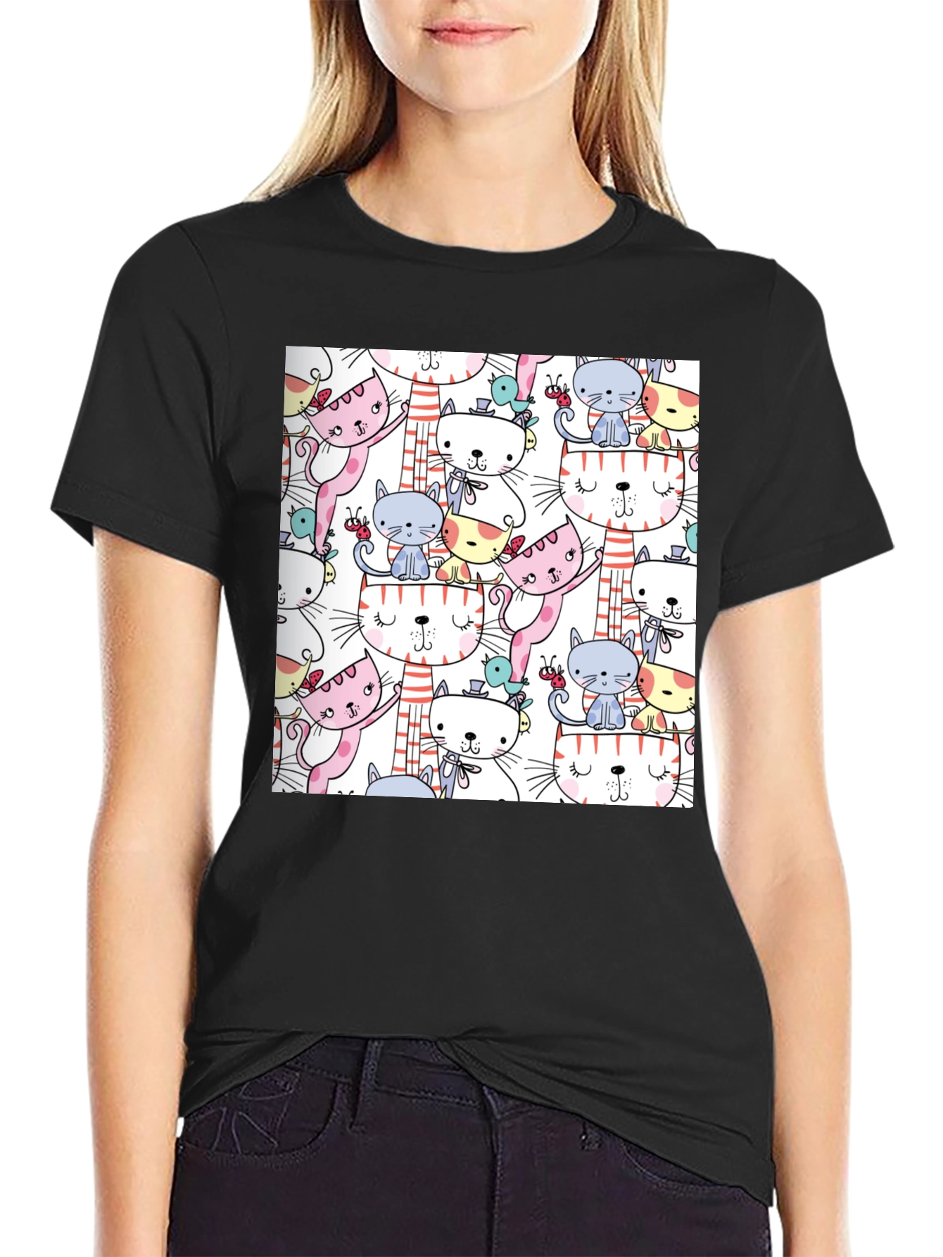 Cute Cat Pattern T-Shirt Fun Graphic Tee
