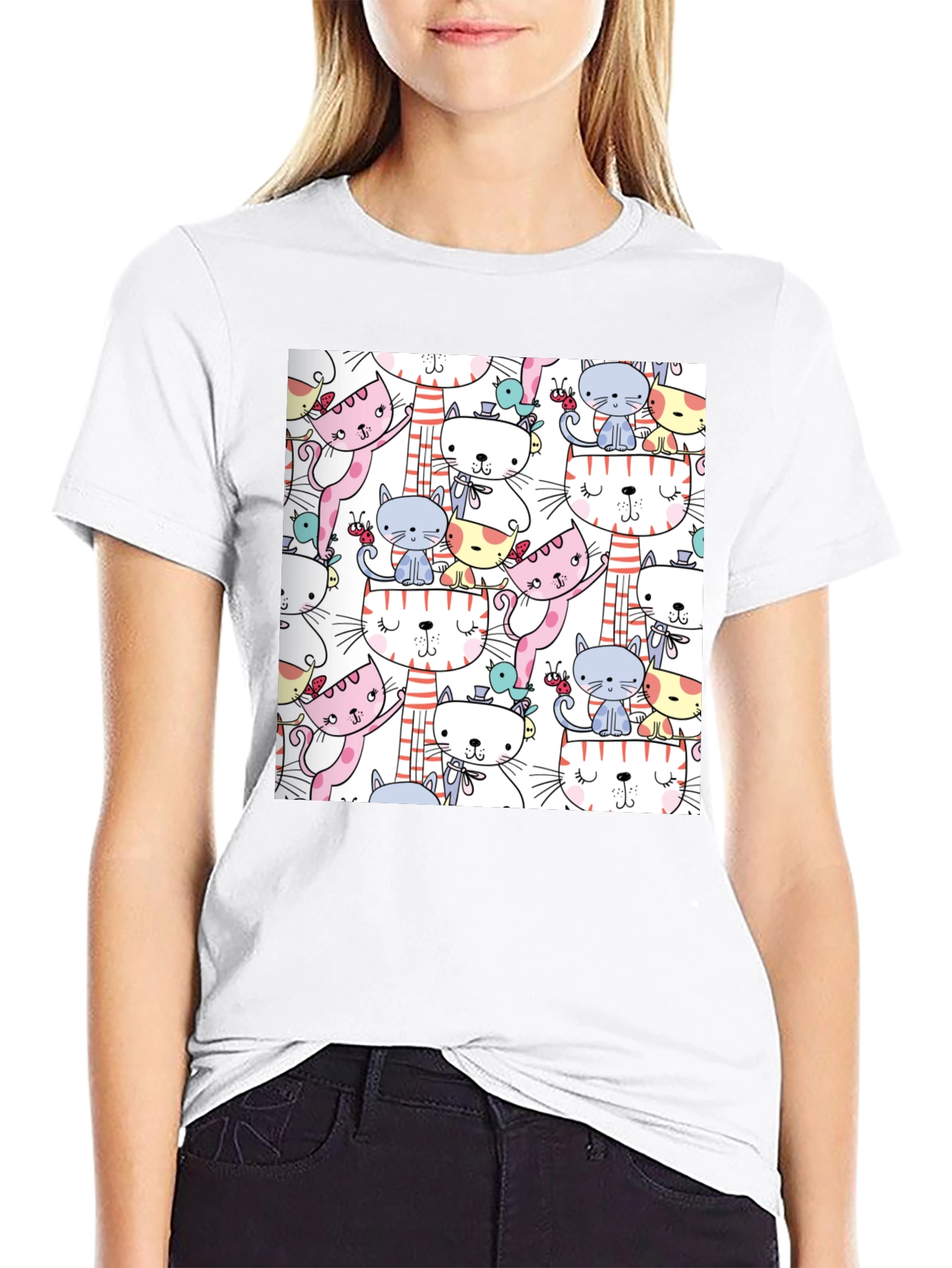 Cute Cat Pattern T-Shirt Fun Graphic Tee