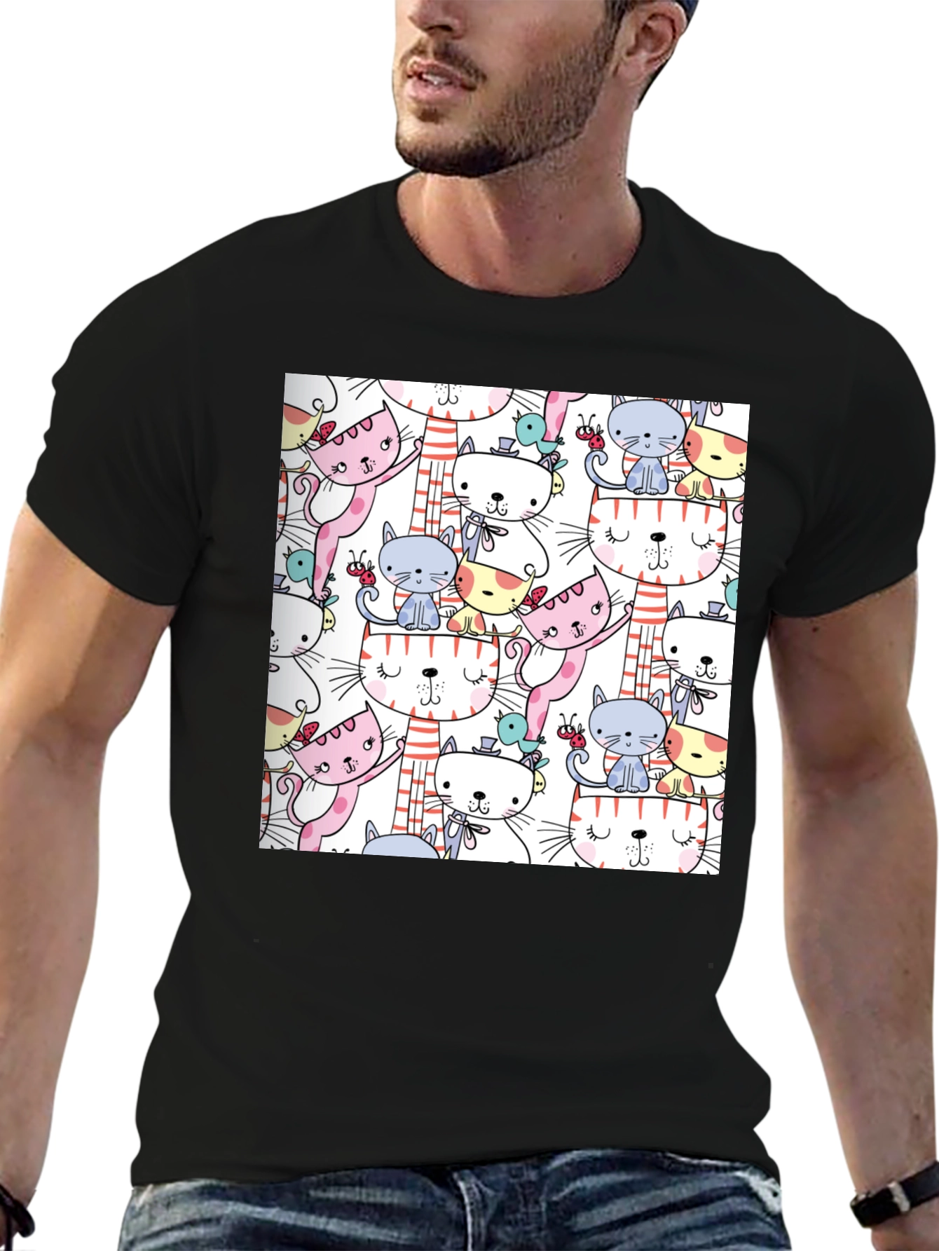 Cute Cat Pattern T-Shirt Fun Graphic Tee