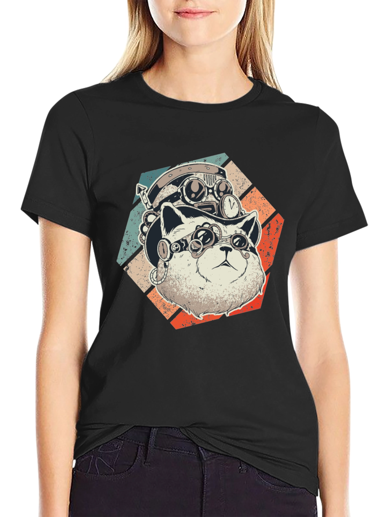Steampunk Cat T-Shirt - Retro Style