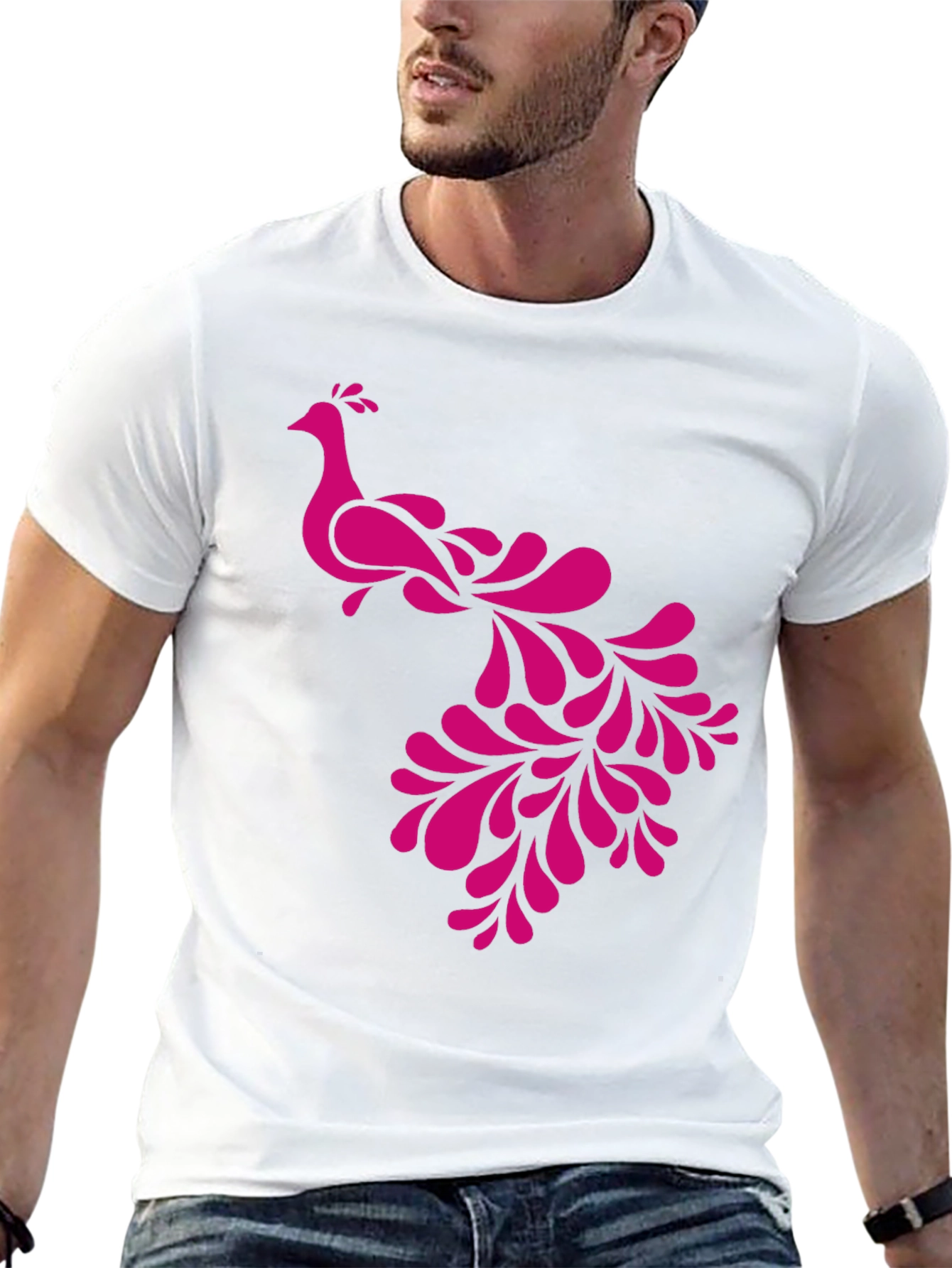 Pink Peacock Graphic Black T-Shirt