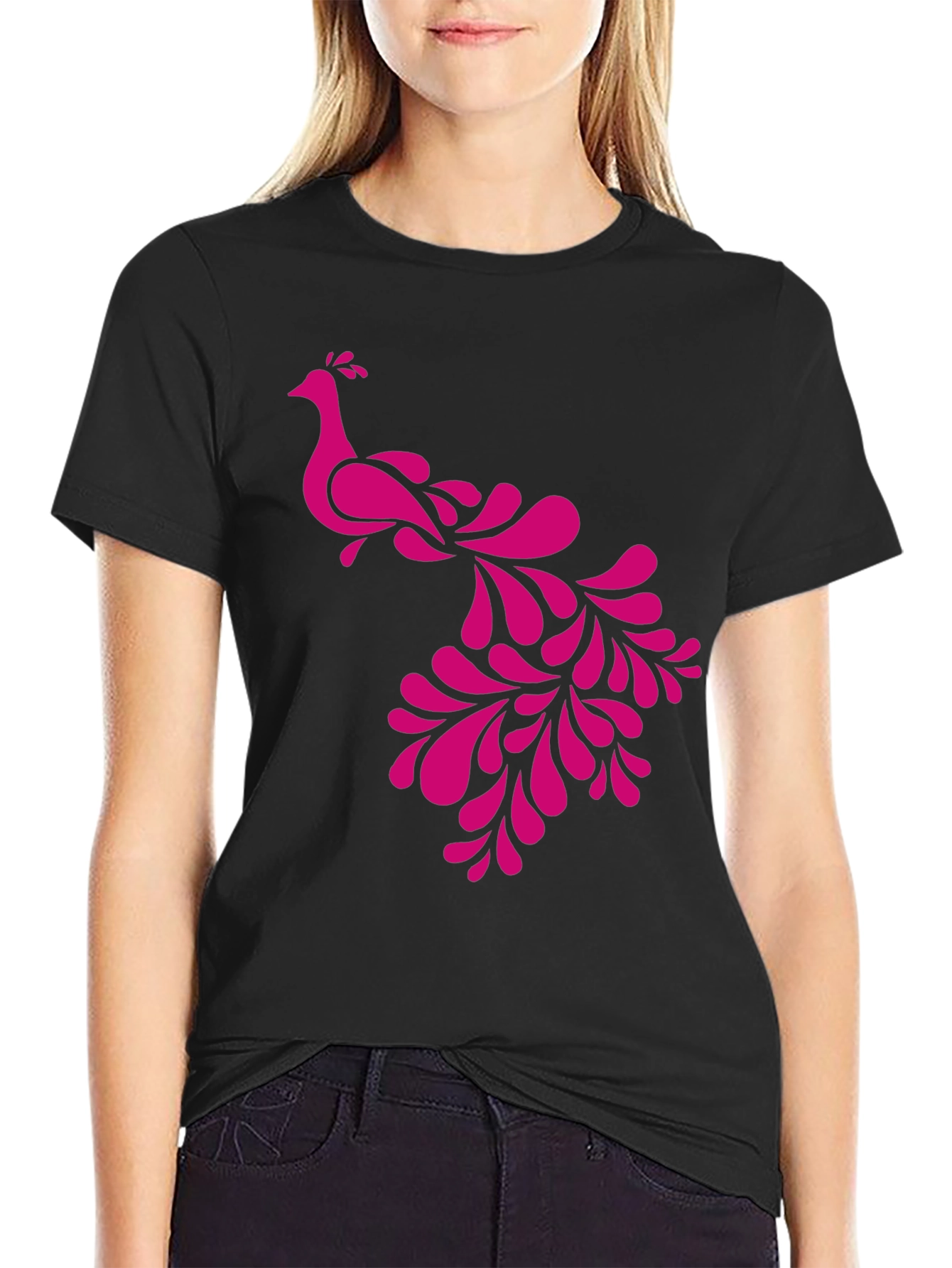Pink Peacock Graphic Black T-Shirt