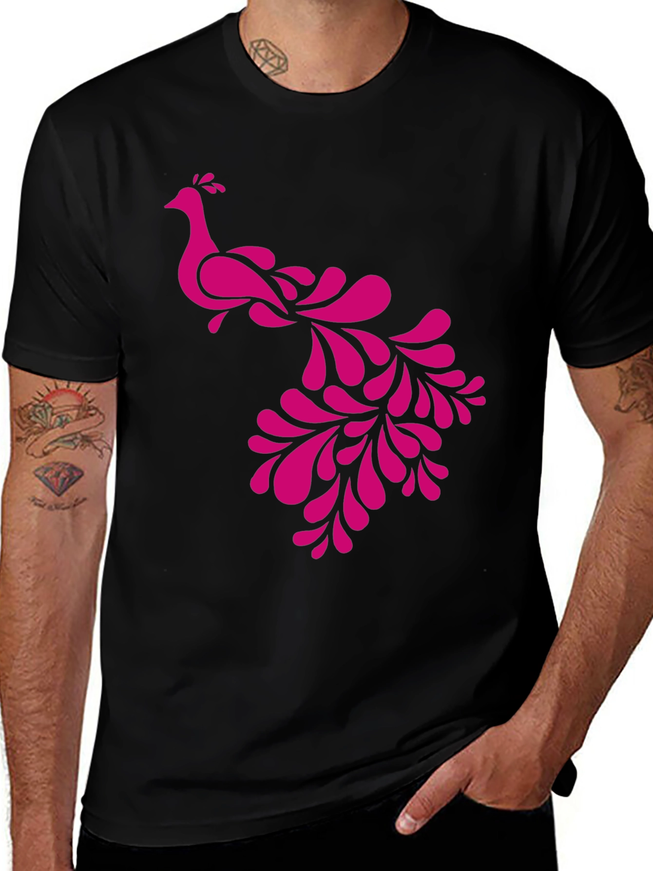 Pink Peacock Graphic Black T-Shirt